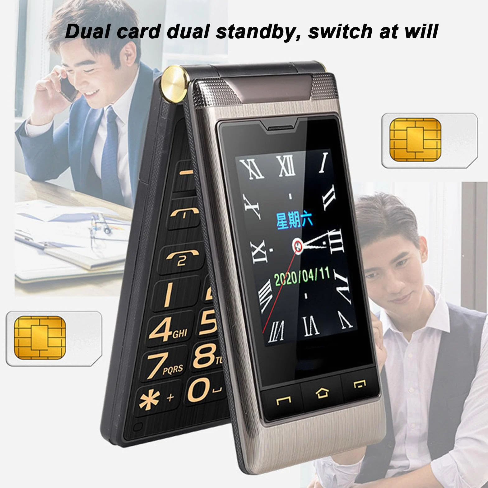 Telefon Komórkowy z klapką dla Seniorów, Telefon z klapką 2G, Podwójny Wyświetlacz HD, Duże Przyciski, Bateria 5900 MAh, Dwa Gniazda Kart SIM, Odblokowany Telefon Komórkowy dla