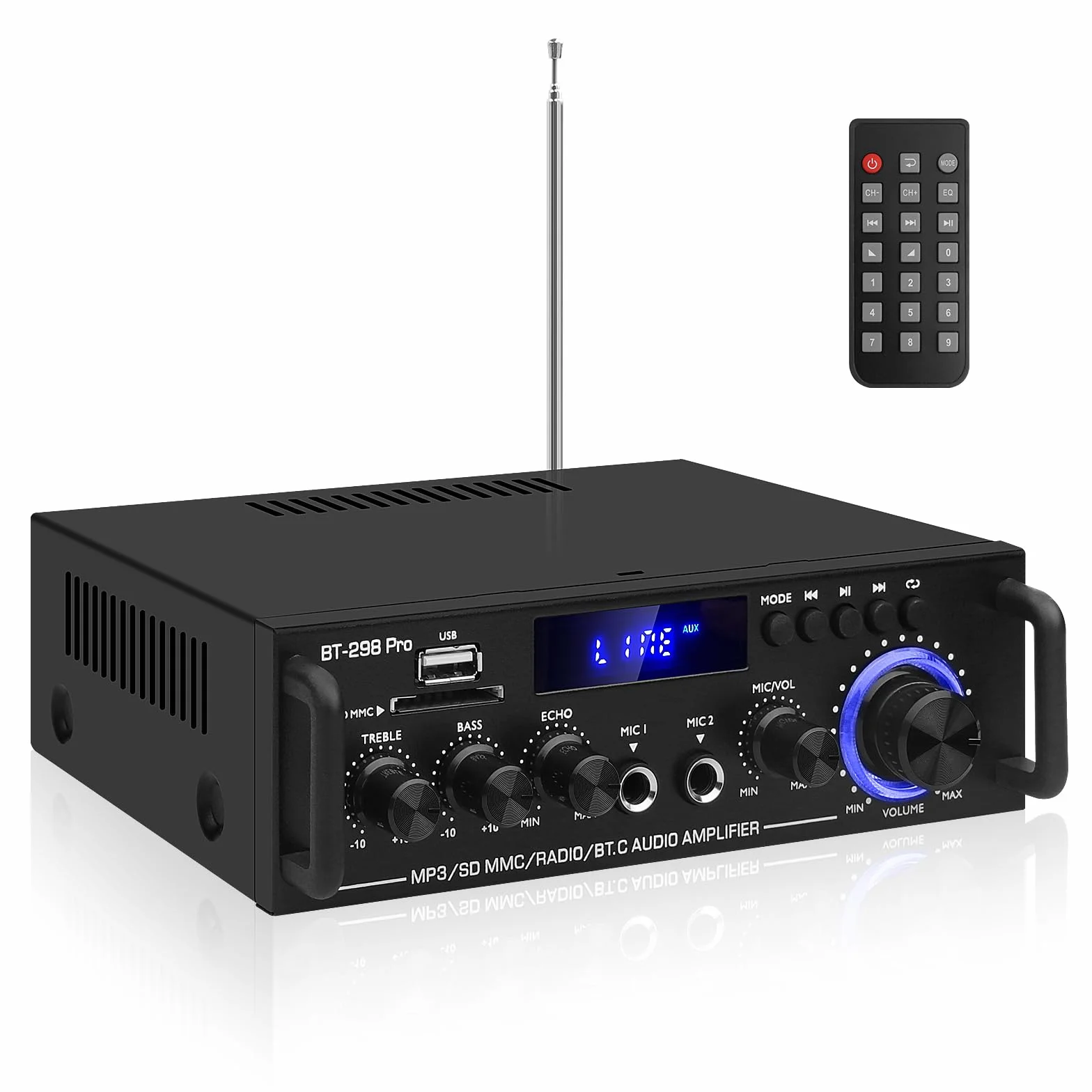 Wzmacniacz audio stereo HiFi, 2.0-kanałowy wzmacniacz głośnika Bluetooth 5.0, BT-298pro 50Wx2 Max 600 W Mini wzmacniacz samochodowy cyfrowy odbiornik mocy HiFi z Echo, MIC, USB, FM