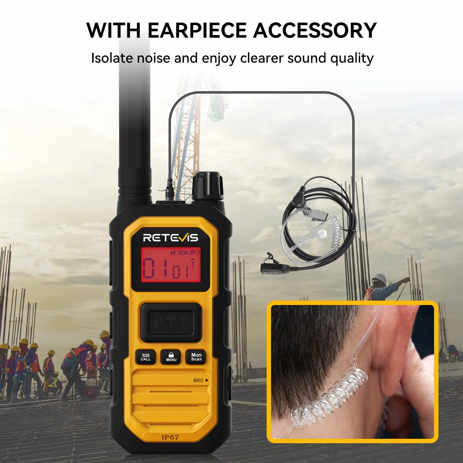 Retevis RB648 Plus Walkie Talkie o Dużej Mocy, IP67 Wodoodporne Radio Dwukierunkowe ze Słuchawkami, Połączenie Grupowe, 2000mAh, VOX, Profesjonalne Walkie Talkie dla Dorosłych, Produkcji(4 Szt. Żółty)