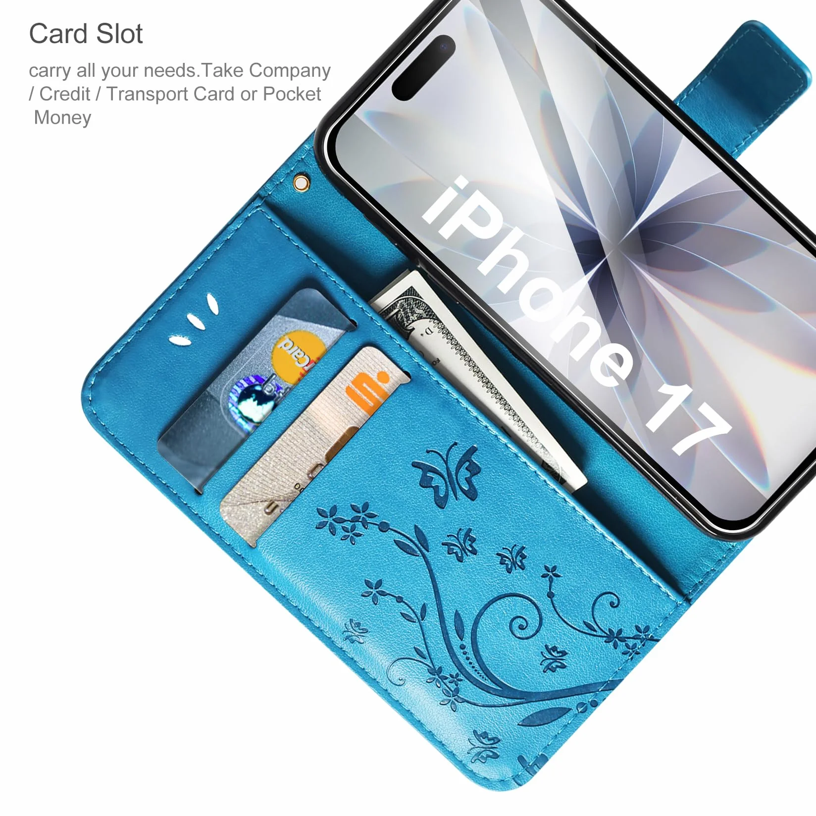 Etui kompatybilne z iPhone 17 z osłoną ekranu ze szkła hartowanego, portfelowe ze skóry PU, składany stojak, magnetyczne, niebieskie