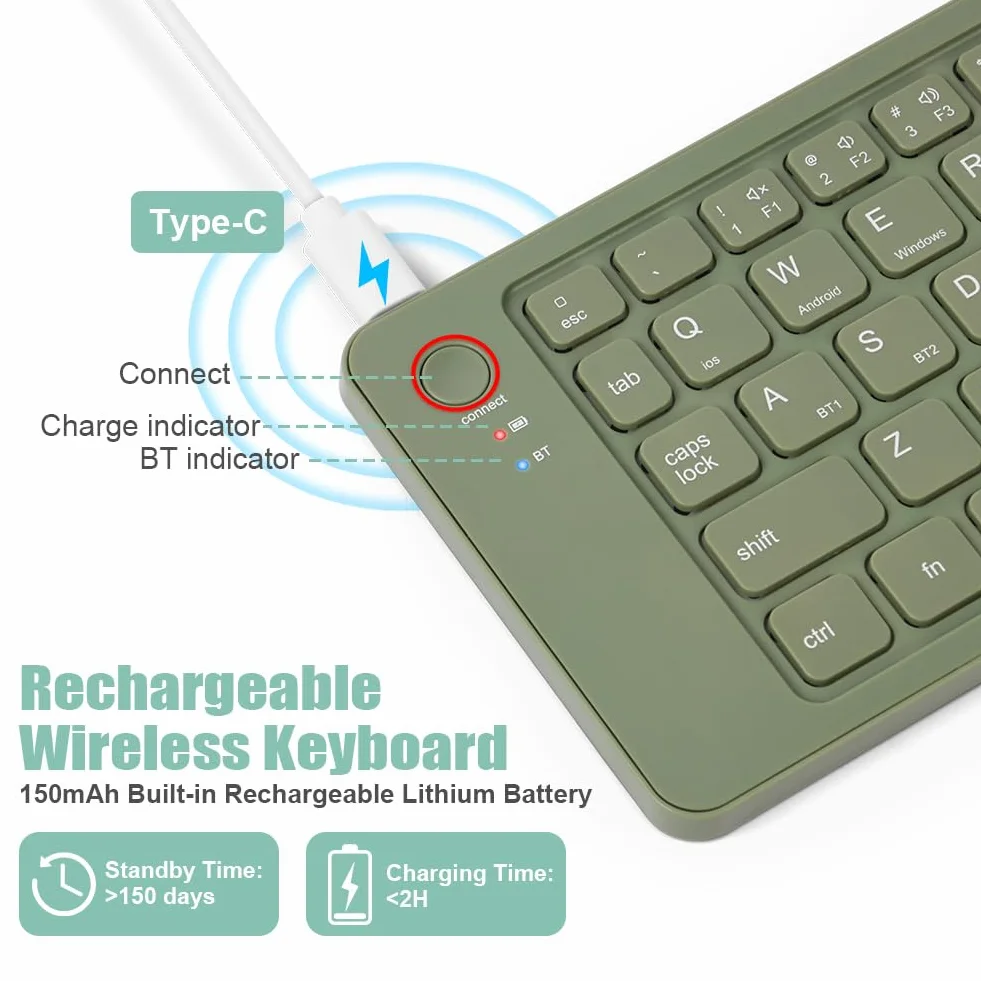 Aolso Składana klawiatura Bluetooth, mini przenośna klawiatura bezprzewodowa z klawiaturą cyfrową, ładowalna, bezprzewodowa klawiatura IPad, dla Windows iOS Android Tablet iPad - zielona