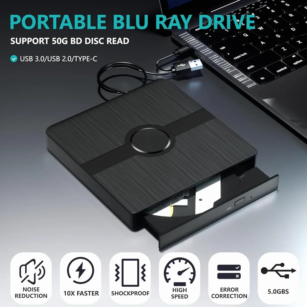Zewnętrzny napęd Blu-Ray, odtwarzacz CD/DVD z funkcją odczytu/zapisu przenośny odtwarzacz Blu-Ray do laptopa PC Win10