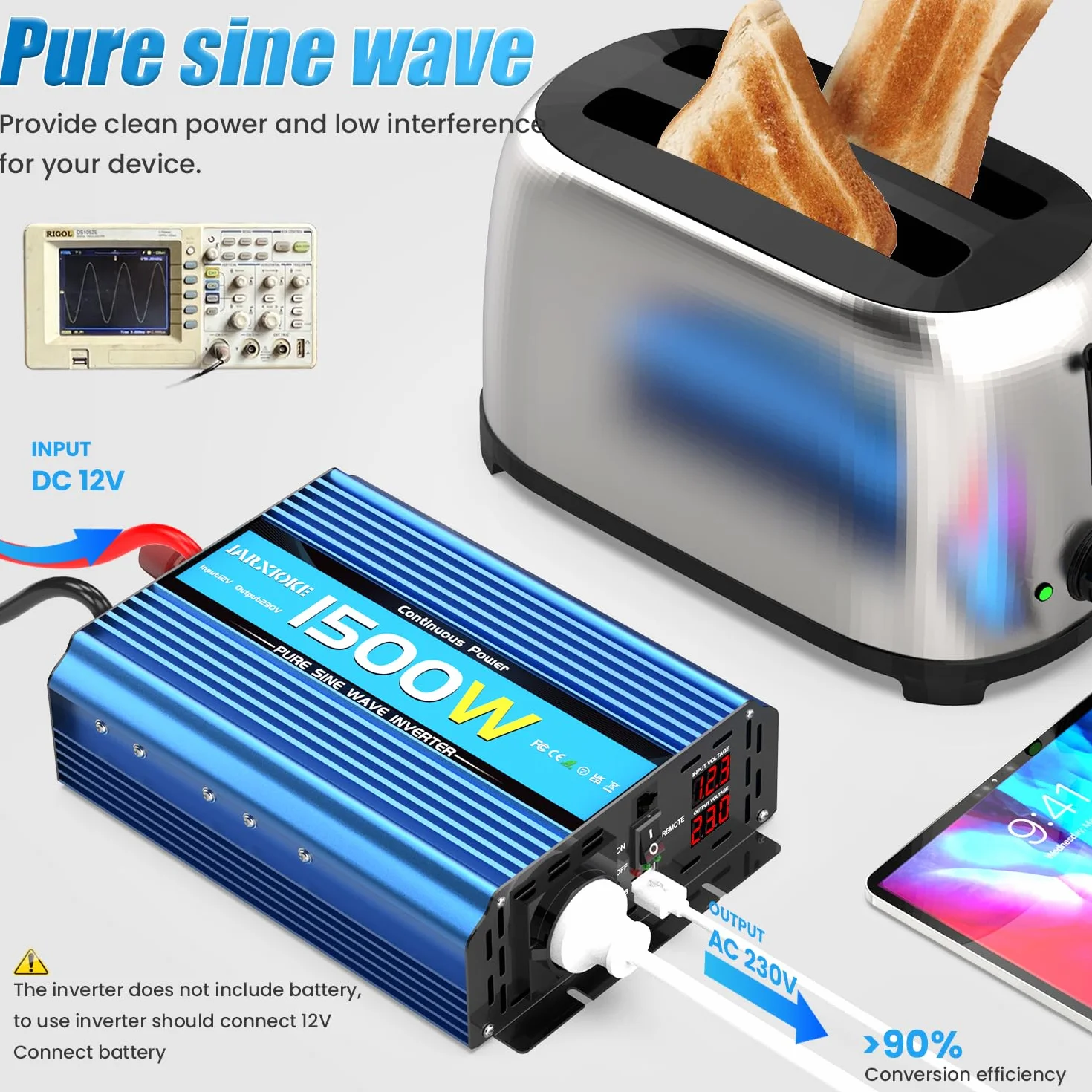 1500w Przetwornik 12V do 230V Czysty Sinus Falownik Napięcia 12V 230v DC Przetwornik Słoneczny,z Gniazdem Europejskim i USB,Pilot Zdalnego Sterowania