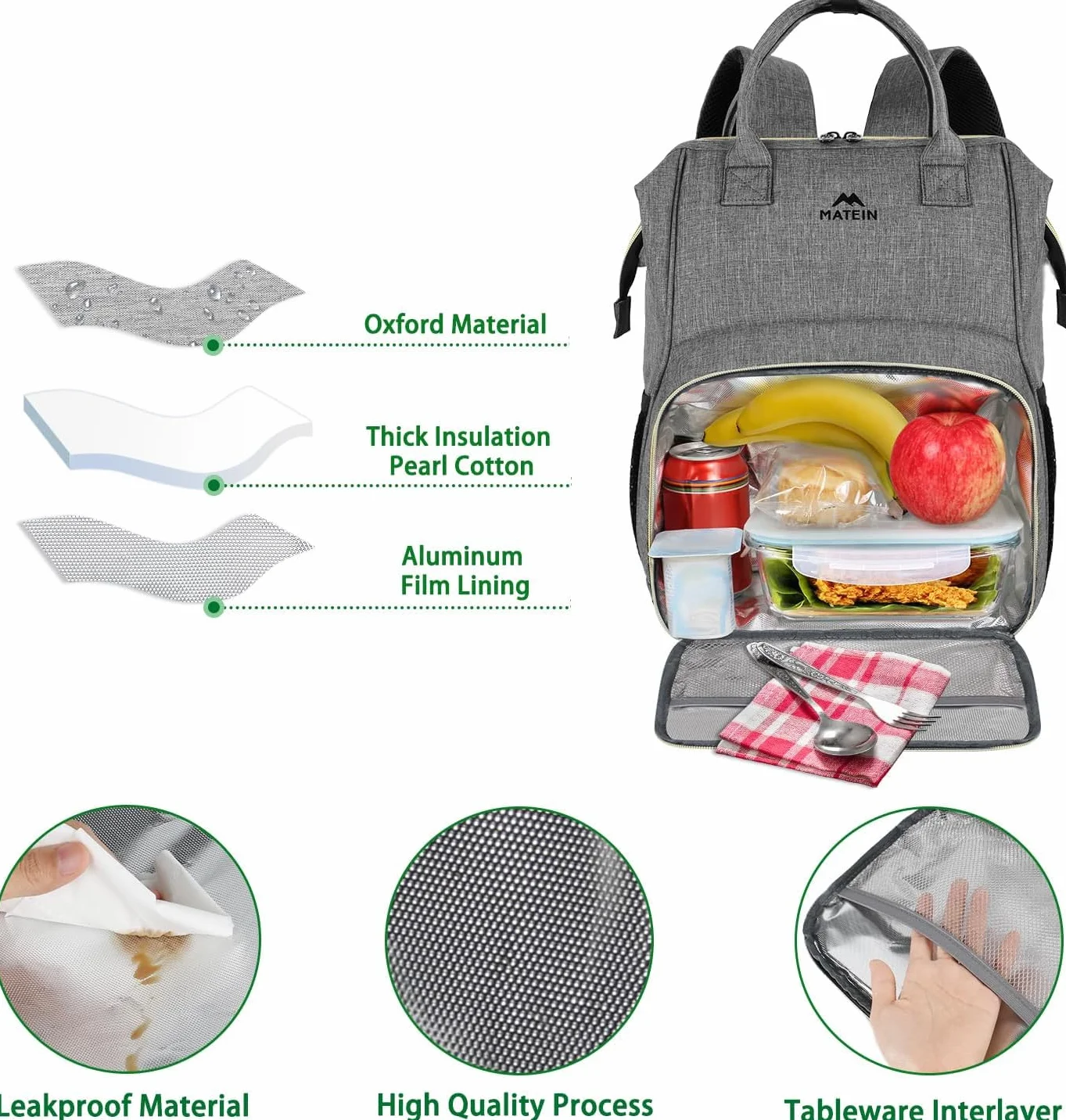 MATEIN Plecak piknikowy na laptopa, 17-calowy plecak piknikowy dla | mężczyzn i kobiet, z izolowaną przegrodą termiczną, wodoodporna torba termiczna na lunch dla mężczyzn