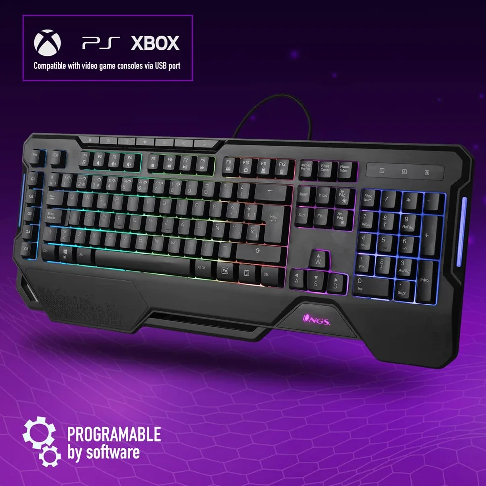 NGS GKX-450 klawiatura membranowa do gier z oświetleniem RGB, włoska klawiatura QWERTY, programowalna, 19 klawiszy multimedialnych, kabel 1,8 m, czarna