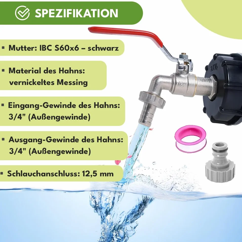 KRUMAD Zawór Kulkowy 3/4 cala, kran ogrodowy do użytku zewnętrznego, zawór czerpalny IBC S60x6, odporny na mróz i korozję, z szybkozłączką i przyłączem do węża 12,5 mm, mosiądz niklowany