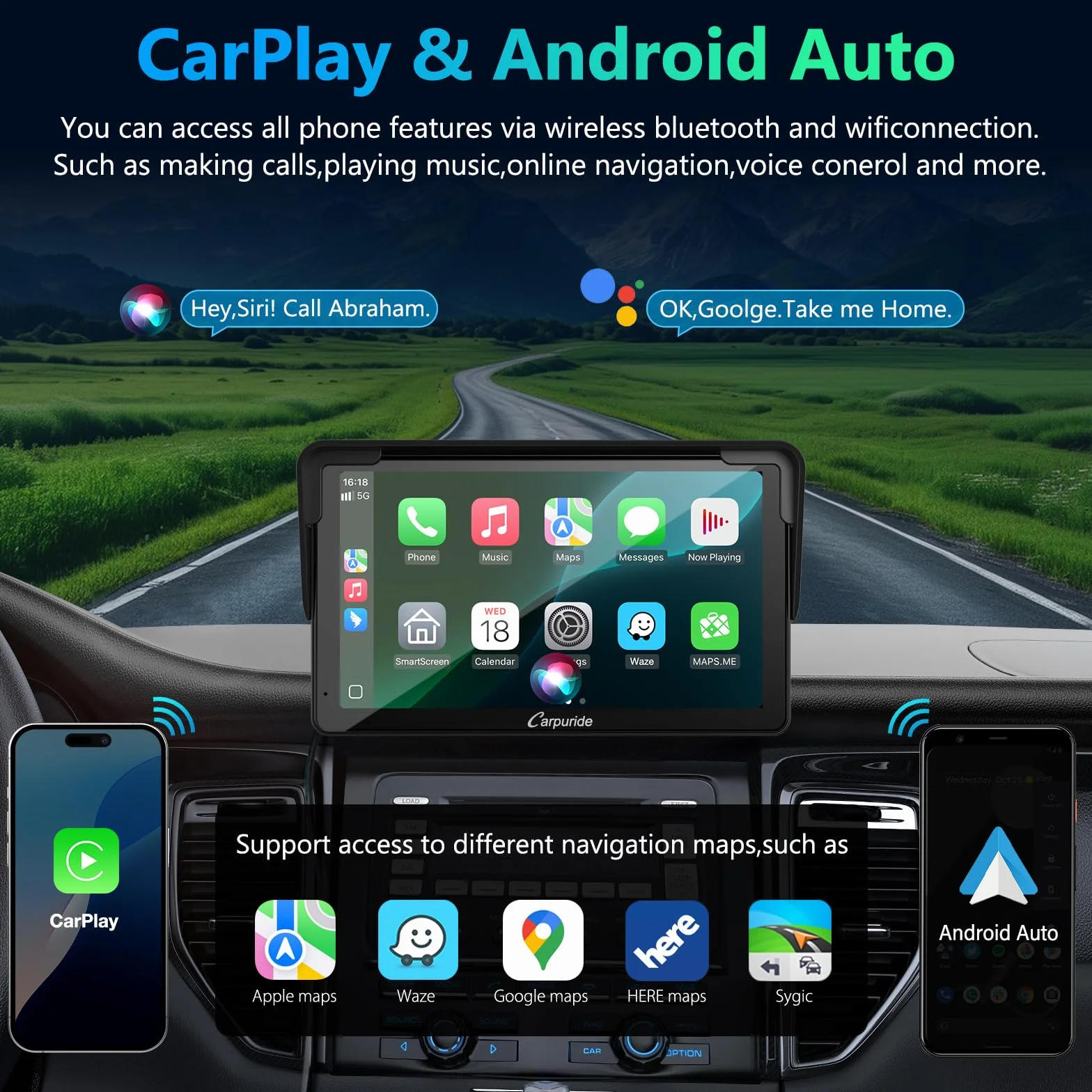 Carpuride Samochodowe stereo, przenośne bezprzewodowe Carplay i Android Auto, 7-calowe radio z ekranem dotykowym 1080P HD z BT 5.0, lusterko łączące wsparcie ciężarówki RV Dash Mount