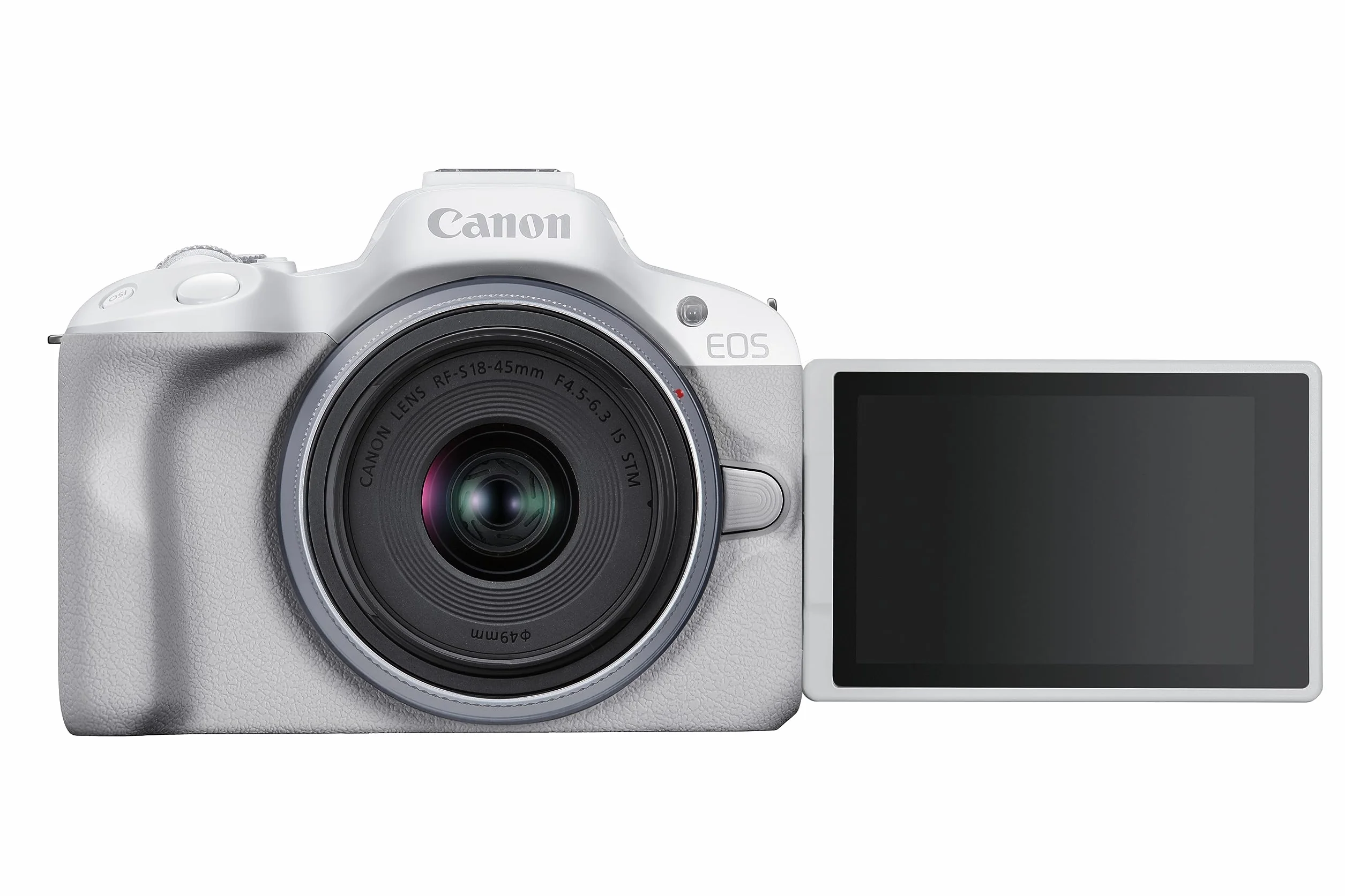 Canon EOS R50 + RF-S 18-45 mm F4.5-6.3 IS STM|24,2MP APS-C bezlusterkowie|do 15 kl./s, Dual Pixel CMOS AF II|4K 30p| ekran zmiennokątny|Bluetooth i Wi-Fi, biały