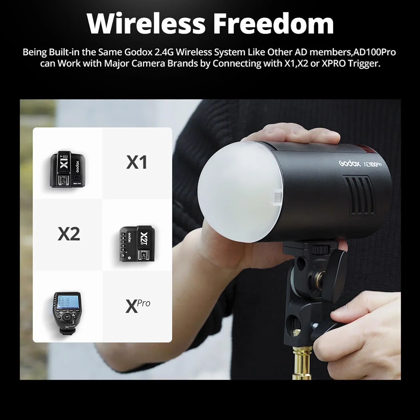 Godox AD100Pro AD100 PRO 100Ws TTL 2,4 G HSS 1/8000s kieszonkowa lampa błyskowa z baterią litową 7,2 V/2600 mAh 360 błysków pełnej mocy, kompatybilna z Nikon, Sony, Canon, Fuji, Olympus i Panasonic