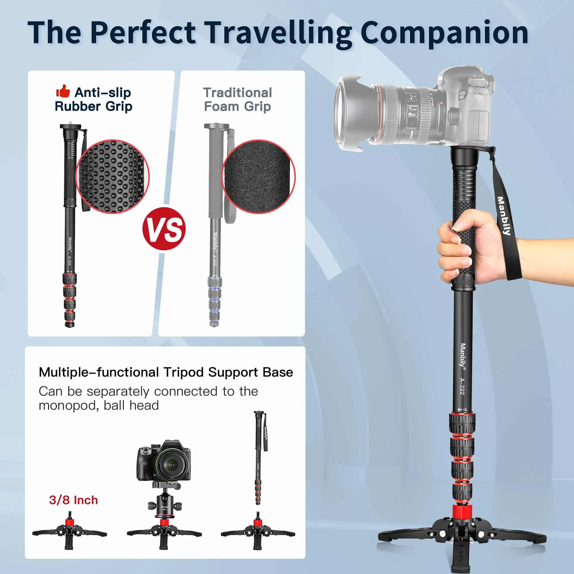 Manbily Wysuwany aluminiowy monopod z nóżkami, przenośny monopod podróżny ze zdejmowaną podstawą statywu do kamery wideo DSLR Canon Nikon Sony, 5 sekcji, do 170 cm, maksymalne obciążenie 7 kg (A-222)