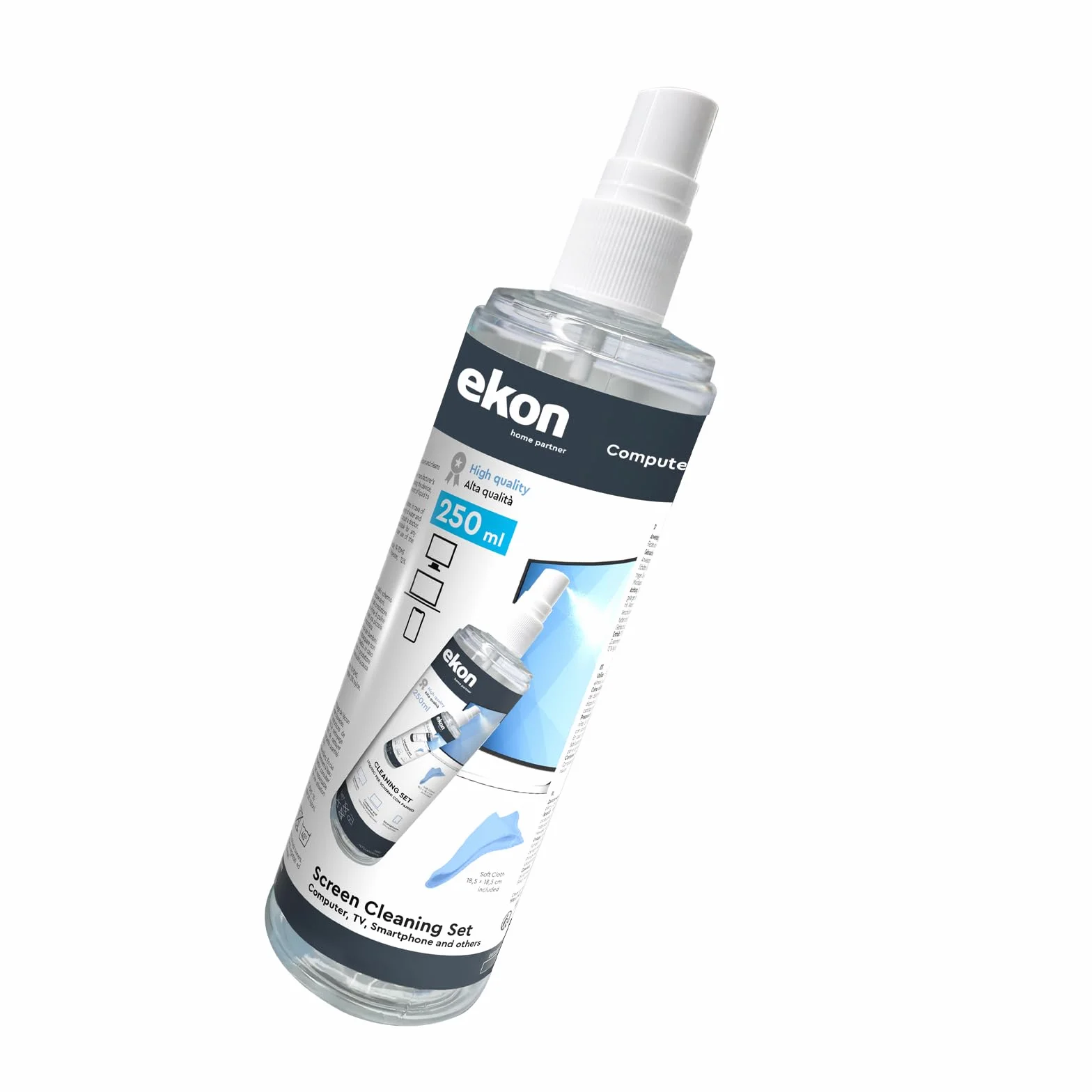 Ekon Spray do Ekranów z Mikrofibrową Ścierką, 250ml, Zestaw Do Czyszczenia Monitorów, Laptopów, Kamer, Kamer Wideo, MacBook, TV, Smart TV, Smartfonów, Tabletów