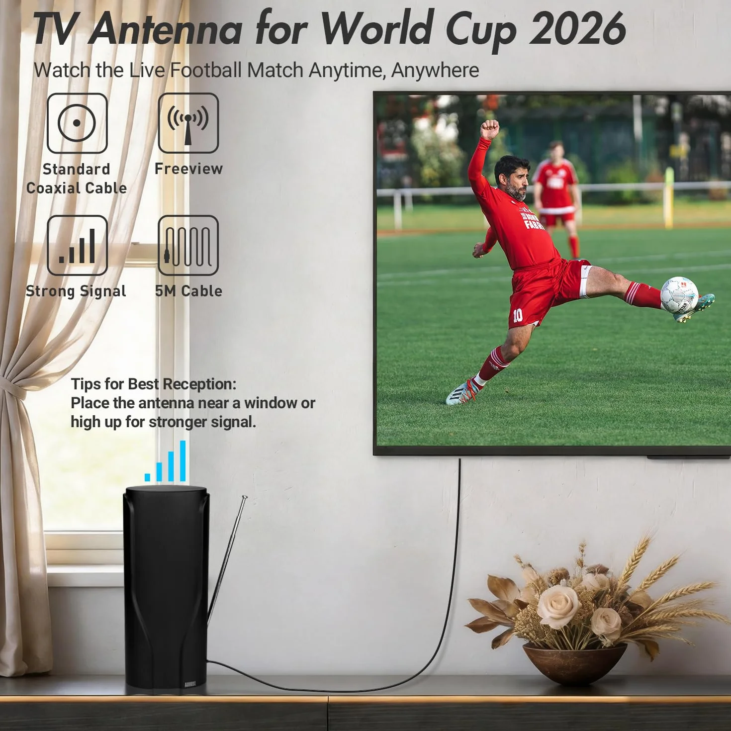 August DTA600 – Wewnętrzna antena telewizyjna do odbioru cyfrowej telewizji naziemnej HD TV – Przenośna antena z przewodem 5m, wysoki zysk, teleskopowa, DVB-T / T2, do domu, przyczepy kemping - czarna
