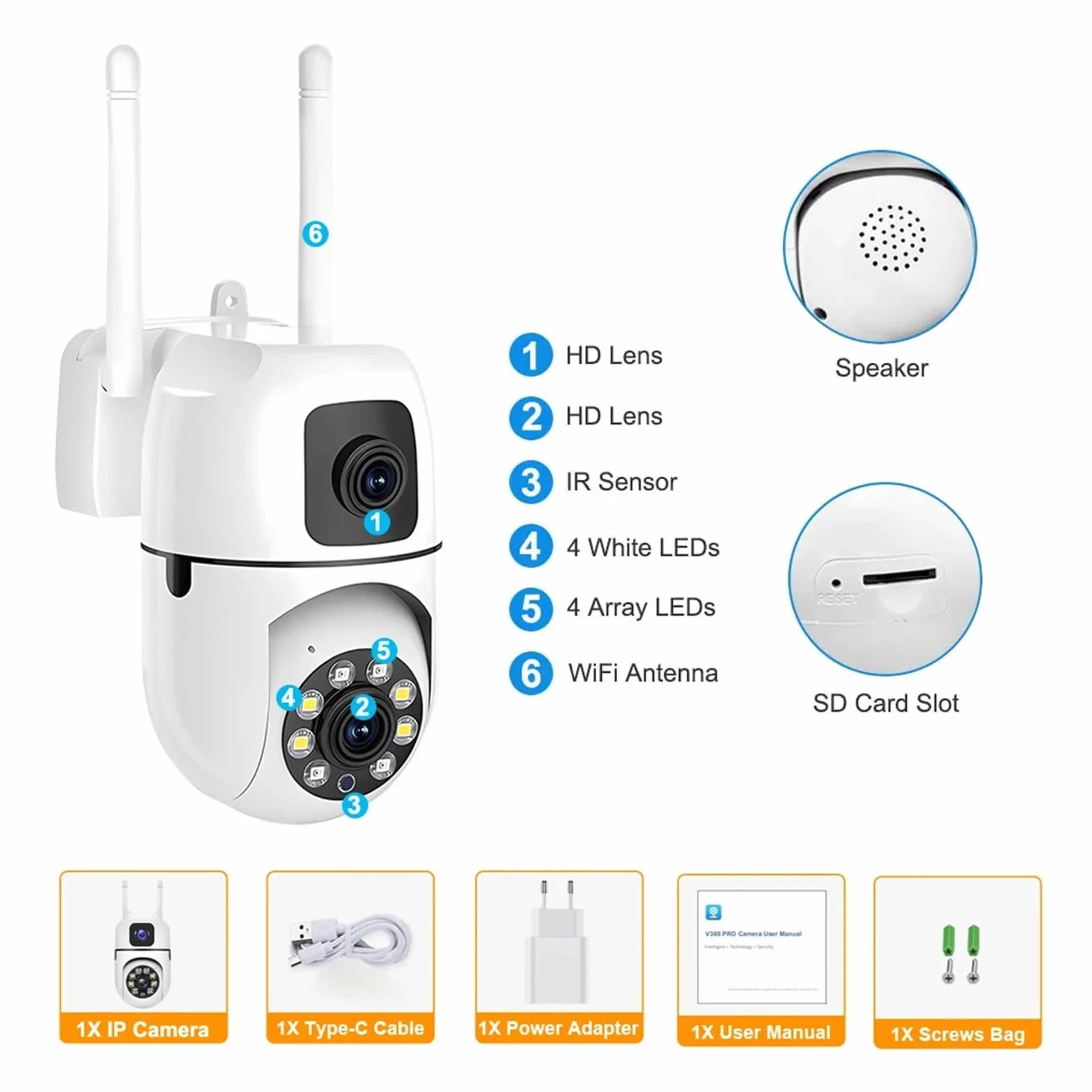 Kamera bezpieczeństwa, Podwójny obiektyw, podwójny ekran, kamera IP WiFi, ochrona bezpieczeństwa, bezprzewodowy monitor wewnętrzny, automatyczne śledzenie, monitoring wideo CCTV PTZ(Camara 64GB Card)