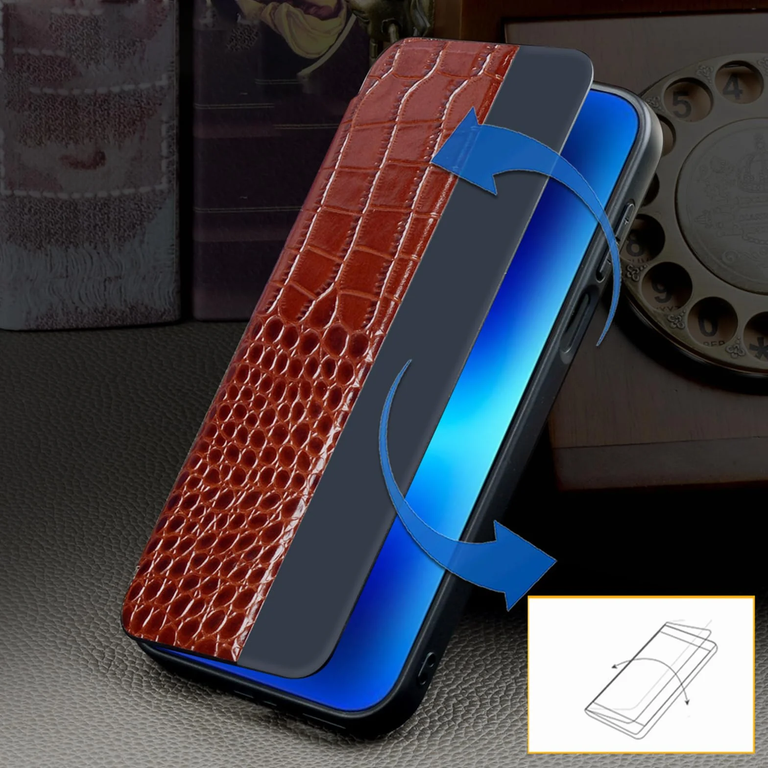 Etui z klapką do Huawei Pura 90 Pro Max/90 Pro, magnetyczne zamknięcie inteligentne okna etui krokodyl wzór prawdziwej skóry, czarny, 90 Pro
