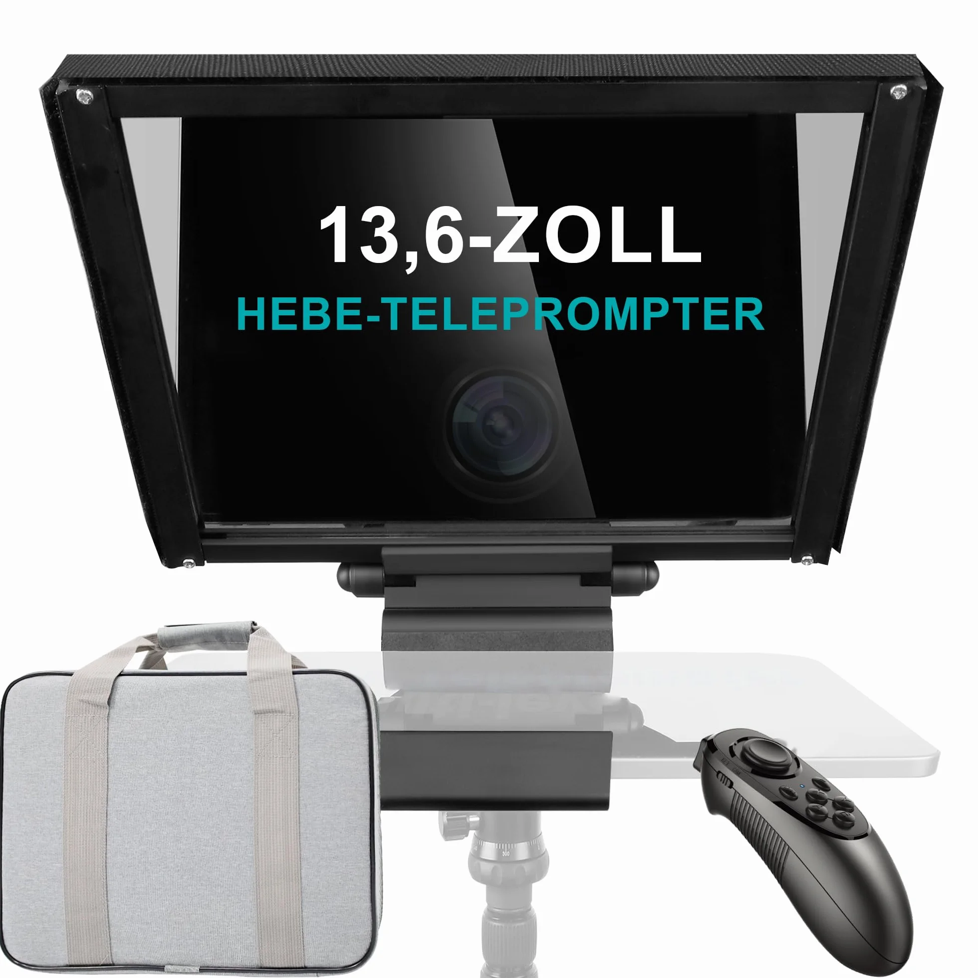 Teleprompter 16", z pilotem zdalnego sterowania i aplikacją Prompter, szkło spektroskopowe 70/30, aluminiowa rama, nadaje się do krótkich filmów i przemówień