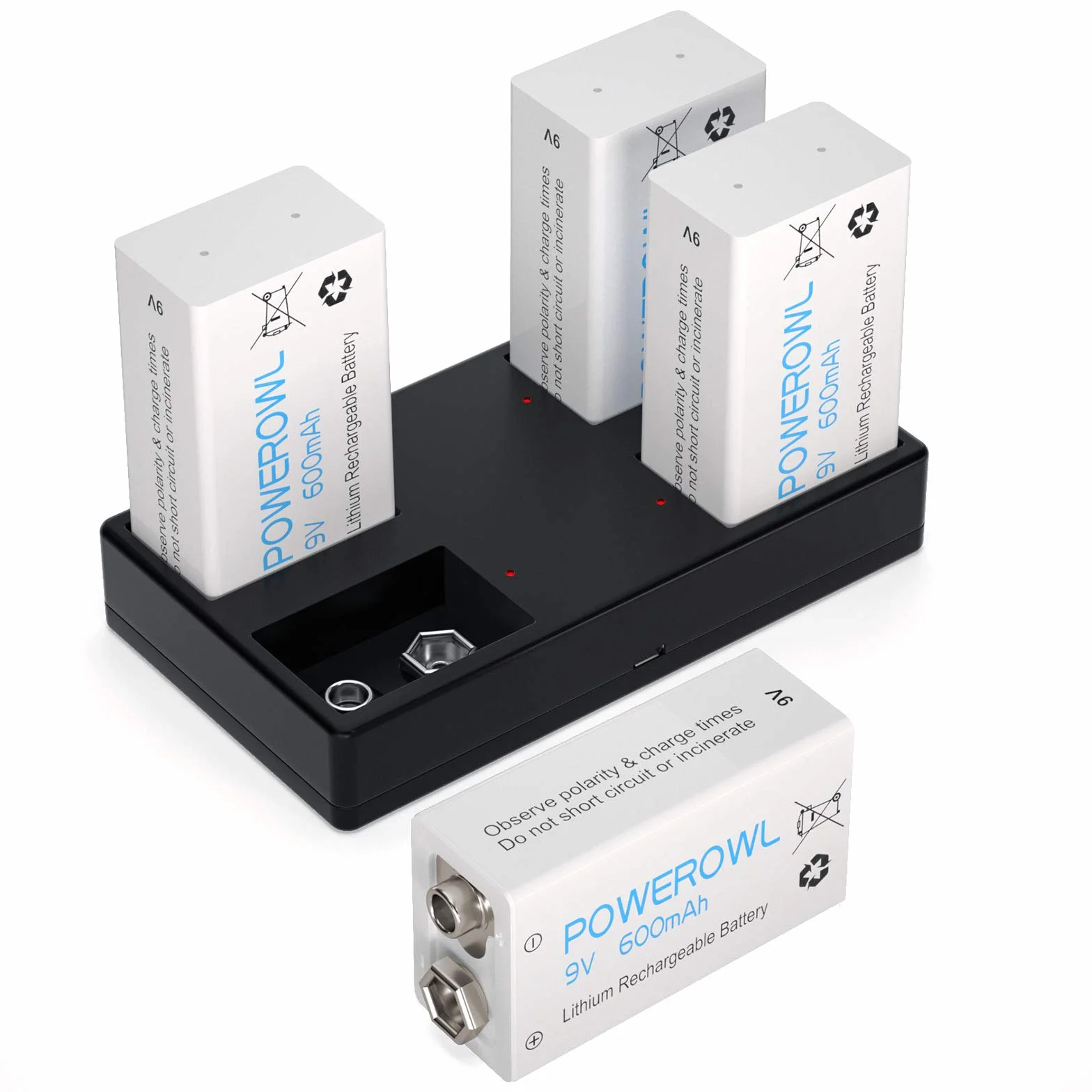 Akumulator 9 V z ładowarką, akumulatory POWEROWL 600 mAh 9 V do mikrofonu, czujnika dymu i innych urządzeń (niski poziom samorozładowania - 4 sztuki)