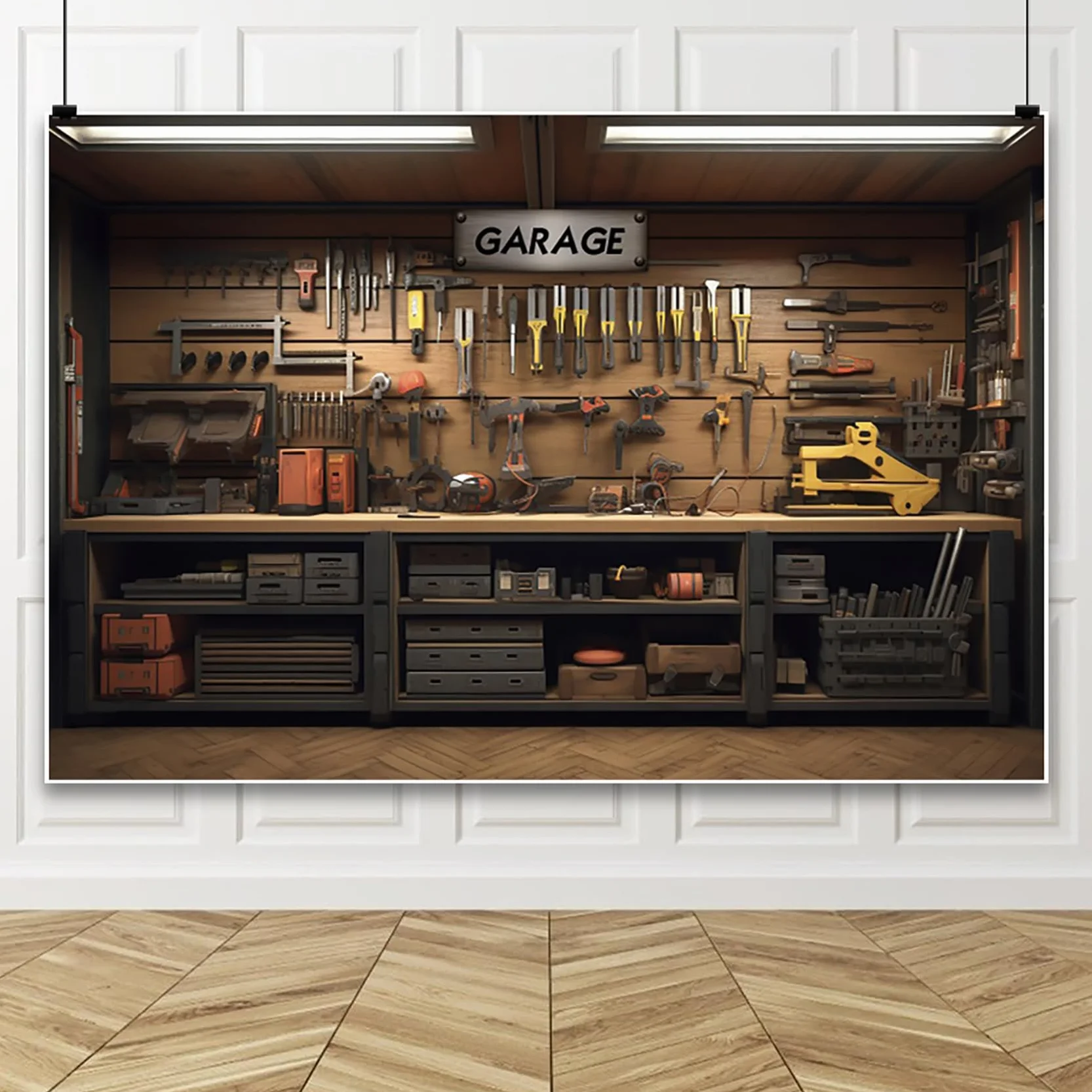 4,5 x 3 m tło garażowe vintage wnętrze samochodu naprawa klucz szczypce drewniana szafka skrzynka narzędziowa półka fotografia tło portret sesja zdjęciowa studio rekwizyty maszynowe