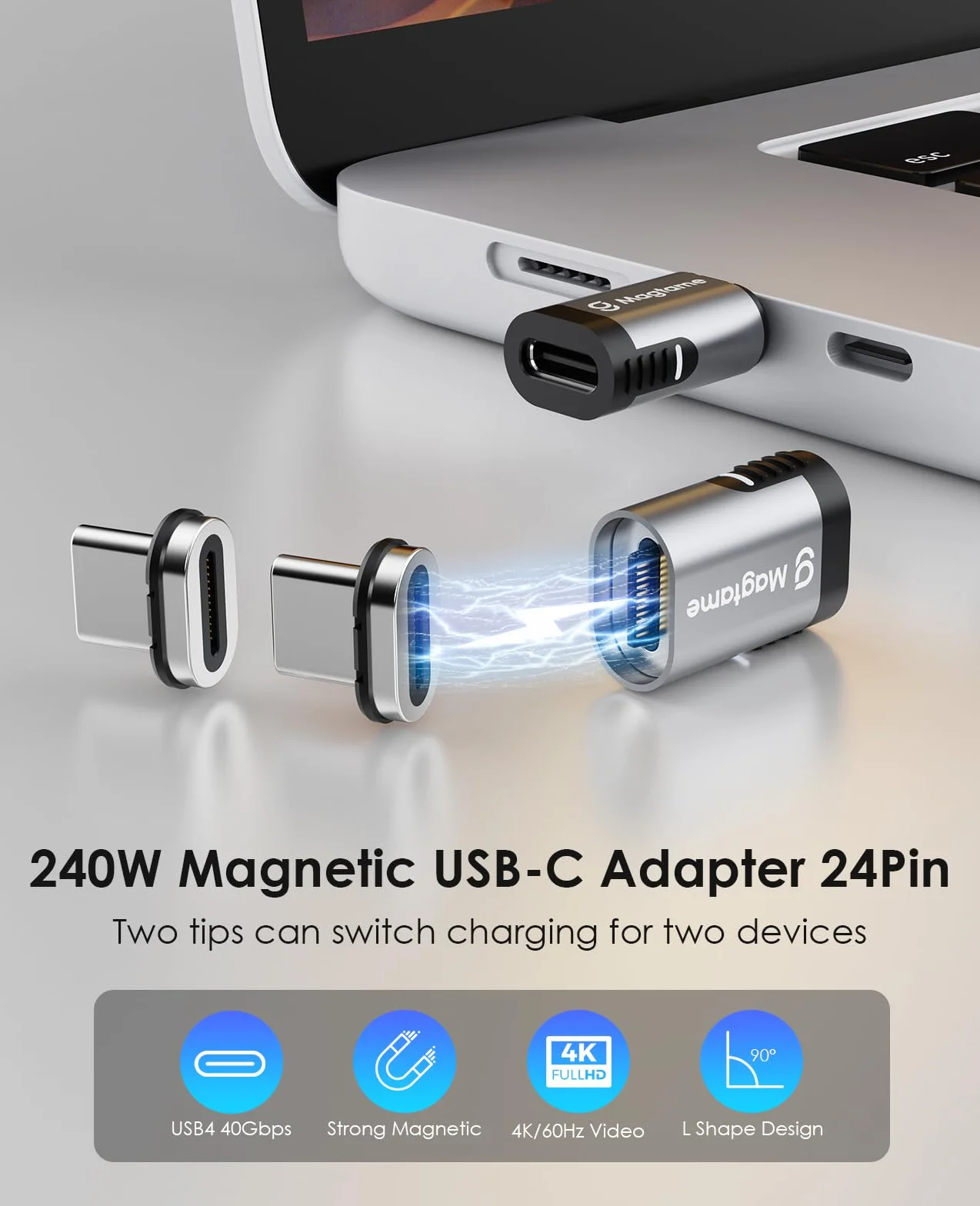 Magtame 240W magnetyczny adapter USB C 40Gbps, 1Pack proste adaptery typu C z 2-końcówkami, 24Pin szybkie ładowanie danych 4K 60Hz dla USB 3/4 MacOS Pro/Air Laptop Tablet i urządzenia typu C | Złącze typu C z transferem danych 40 Gb/s i wyjściem wideo 4K