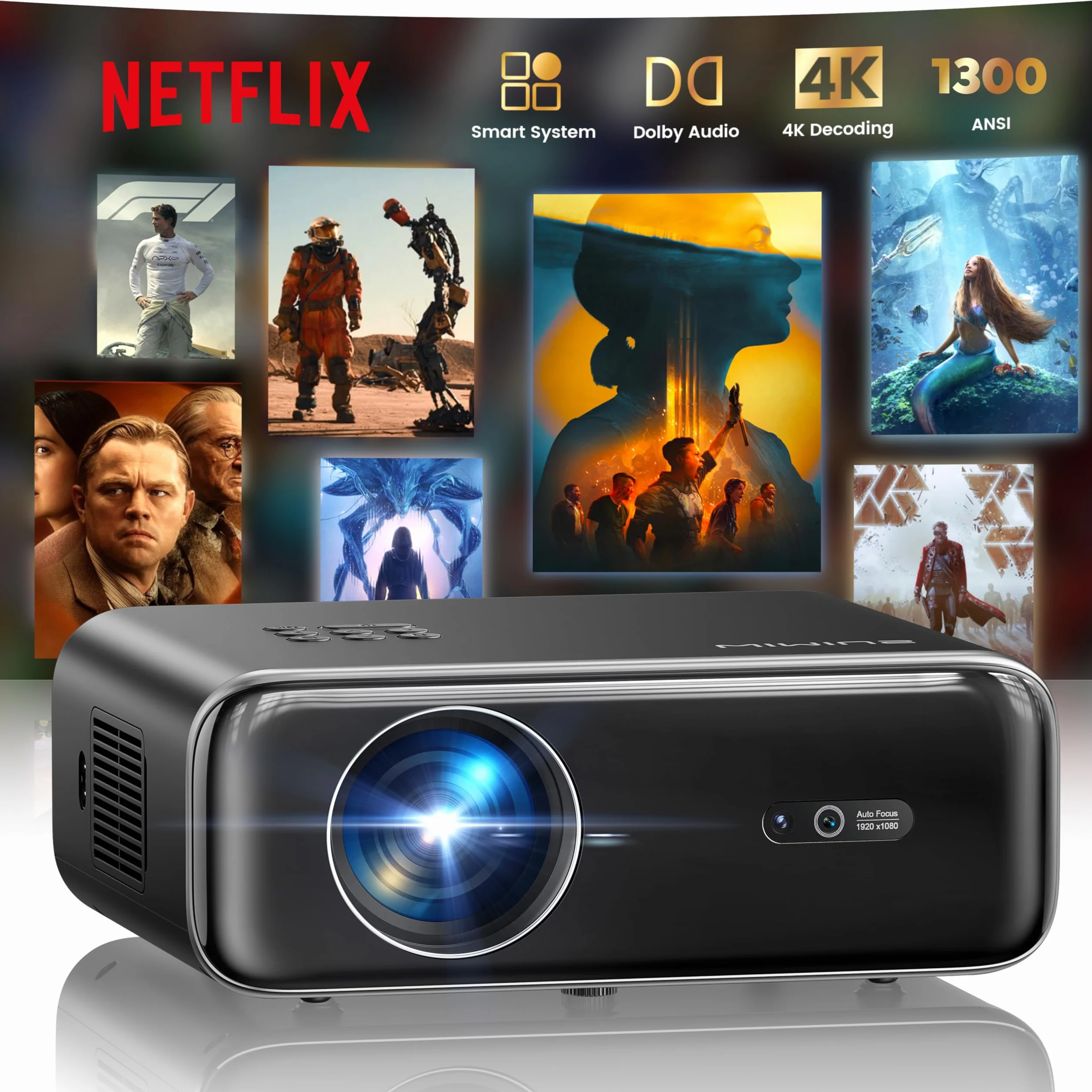 Inteligentny projektor z Netflix, Dolby Audio, WiMiUS 1000 ANSI autofokus/korekcja trapezu 6D, projektor LED 4K, obsługa kina domowego, WiFi6 Bluetooth Full HD 1080p Outdoor światło dzienne do systemu