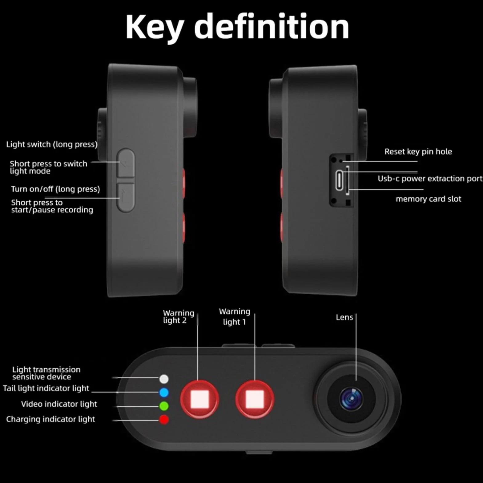 ASHATA Kamera Rowerowa z światłem Wykrywania, Kamera Tylna Wideo 4K HD, szerokość 140 ° Kąt IPX6 Wodna Aplikacja Kontrola Aplikacji, 5000 MAh, do Jazdy na Rowerze na świeżym Powietrzu (64G)