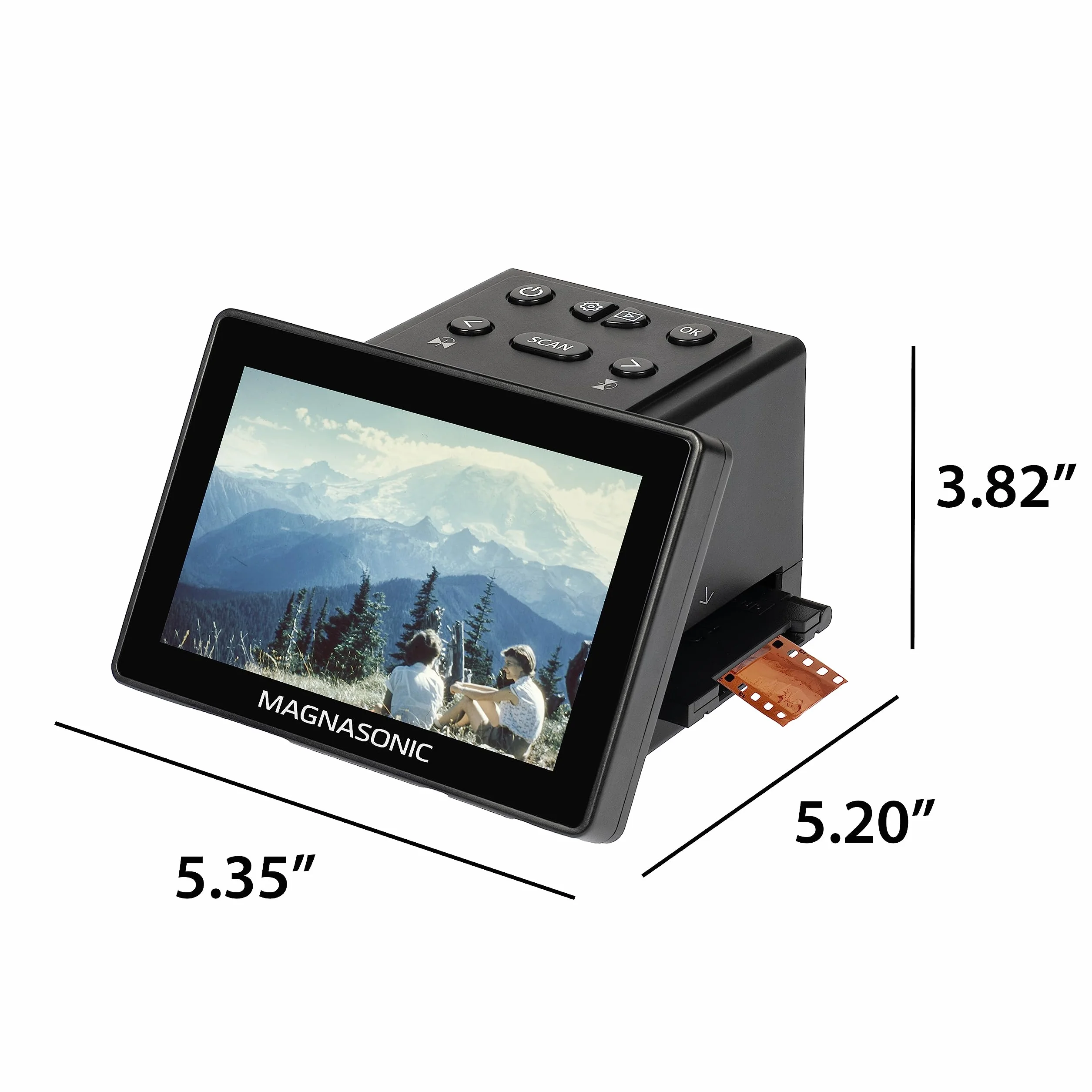 Skaner do filmów Magnasonic All-in-One 25MP z dużym wyświetlaczem 5" i HDMI – konwertuje klisze 35mm/126/110/Super 8 i slajdy 135/126/110 na zdjęcia cyfrowe, wbudowana pamięć