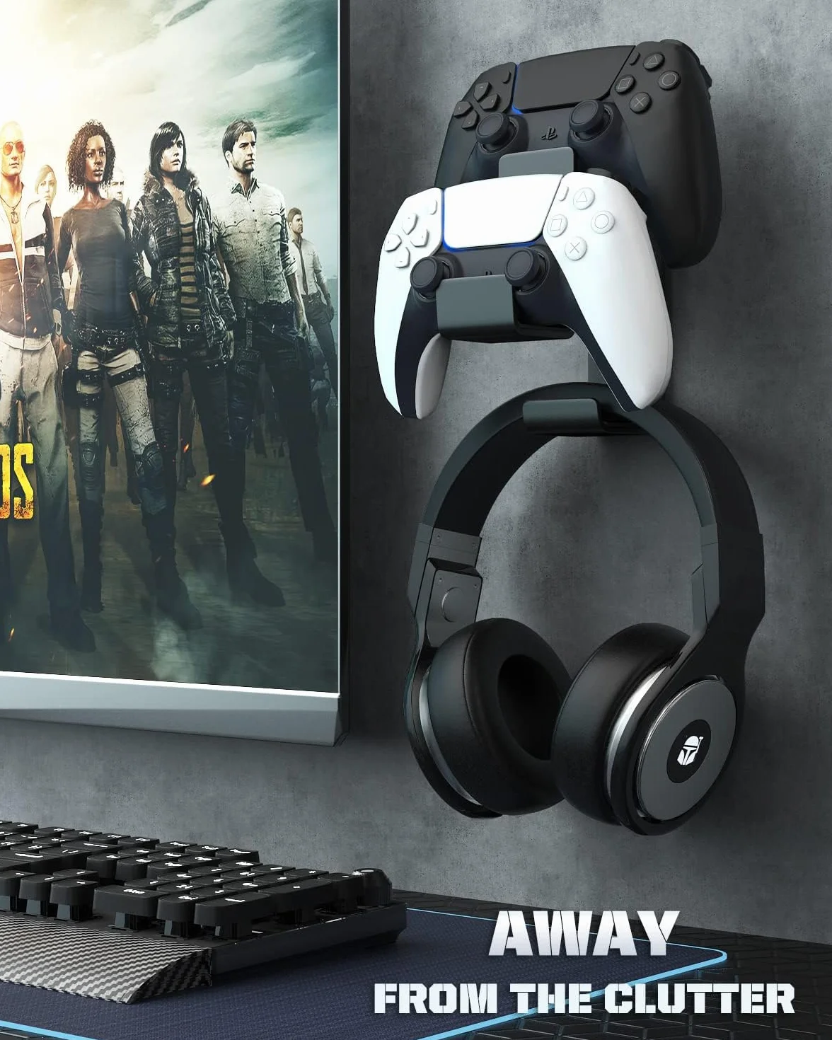MoKo Controller Holder, Dual Gamepad Controller & Headphone Hanger for Xbox One, Xbox 360, PS3, PS4, PS5, PC, STEAM, Switch/Switch 2, Wall Mount Stand for All Universal Headsets, Black