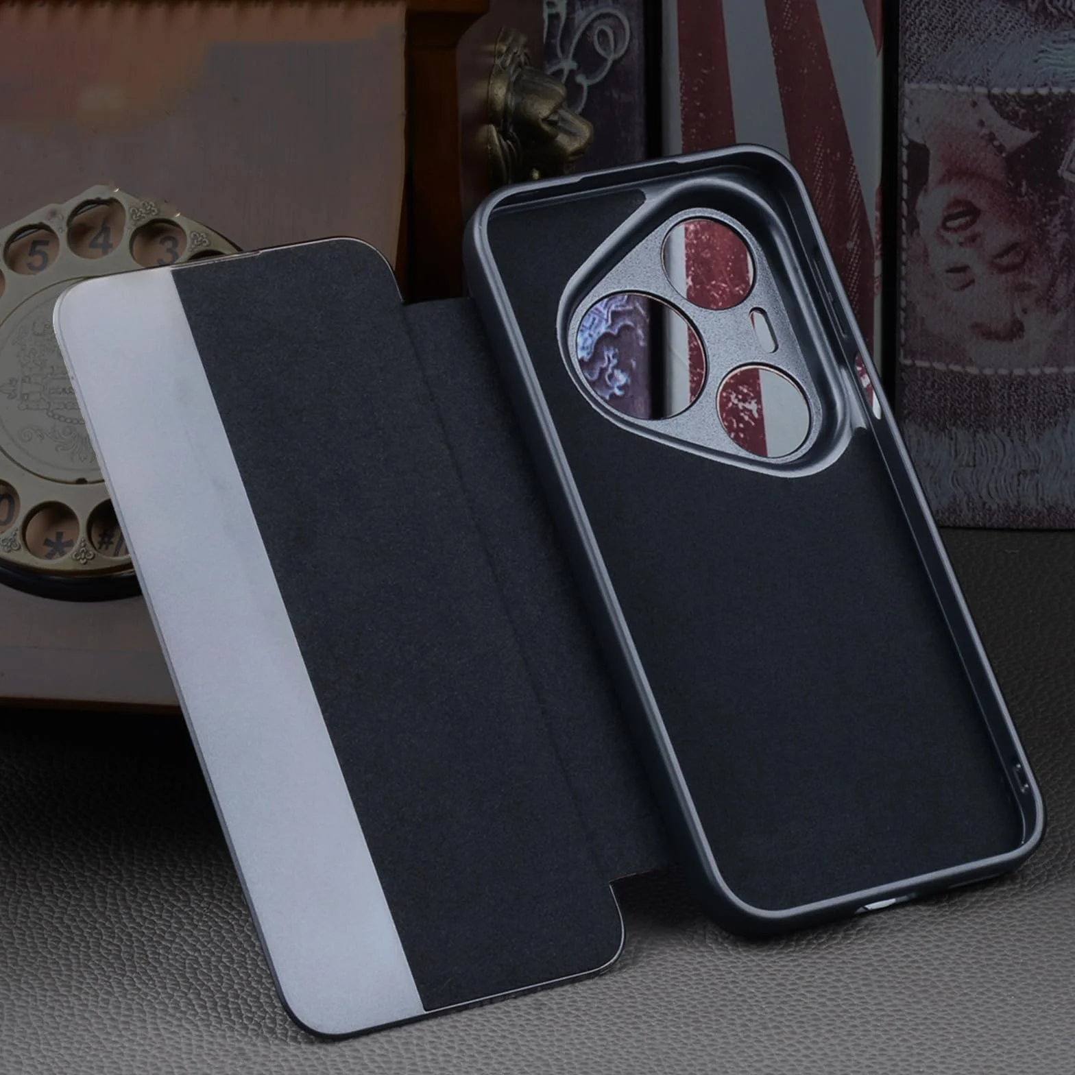 Etui z klapką do Huawei Pura 90 Pro Max/90 Pro, magnetyczne zamknięcie inteligentne okna etui krokodyl wzór prawdziwej skóry, czarny, 90 Pro