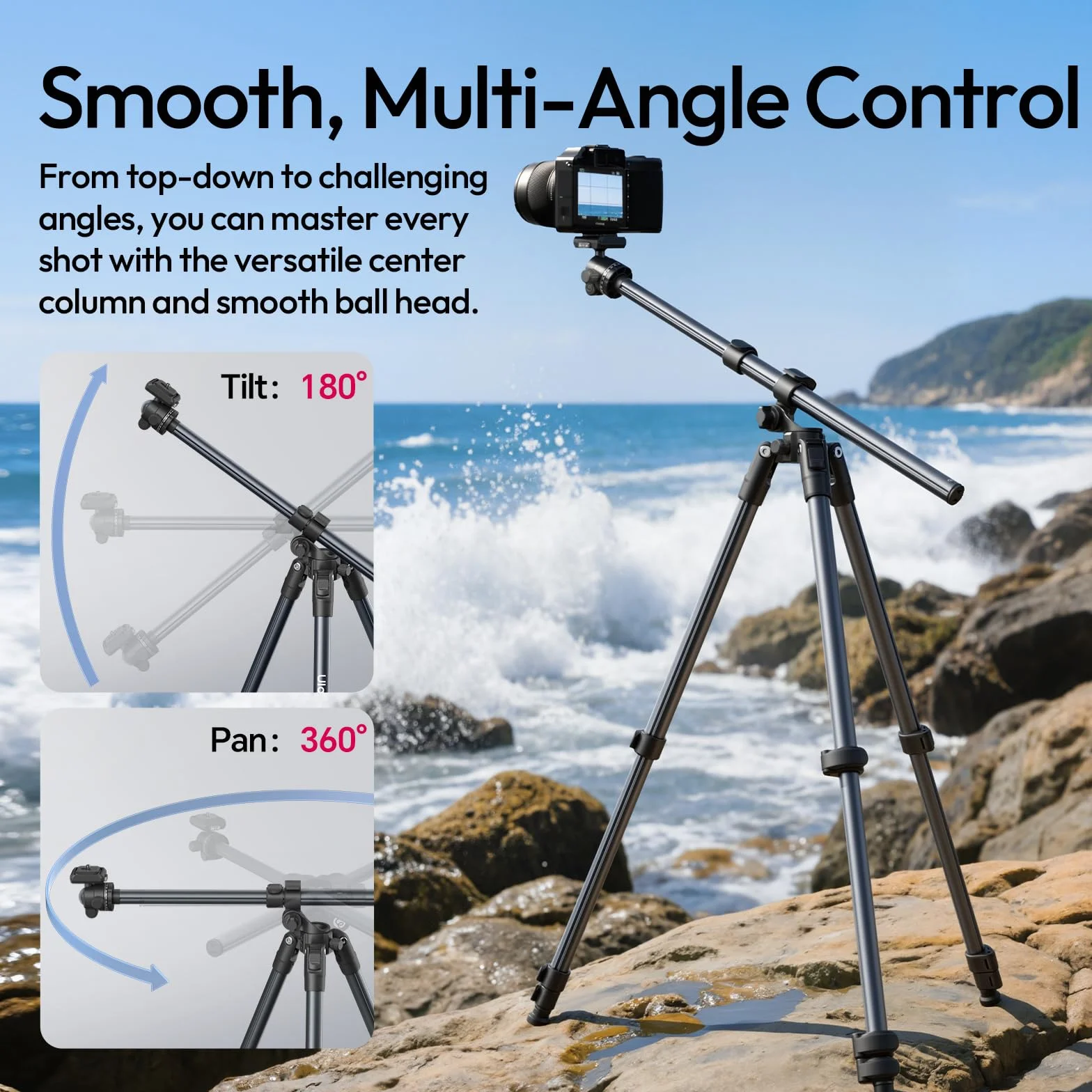 ULANZI TT59 Poziomy statyw fotograficzny, składany profesjonalny statyw do aparatu 175 cm z panoramiczną głowicą kulową Uka Quick Release do aparatu bezlusterkowego/DSLR/telefonu/kamery i wszystkich