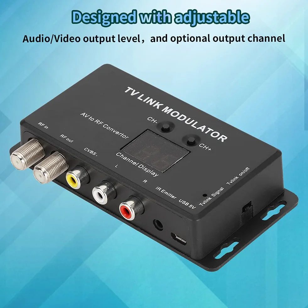 ASHATA UHF modulator, TM70 UHF TV LINK Modulator Konwerter AV na HF Przedłużacz podczerwieni z wyświetlaczem kanałów, obsługuje PAL/NTSC z kablem USB do ładowania laptopa
