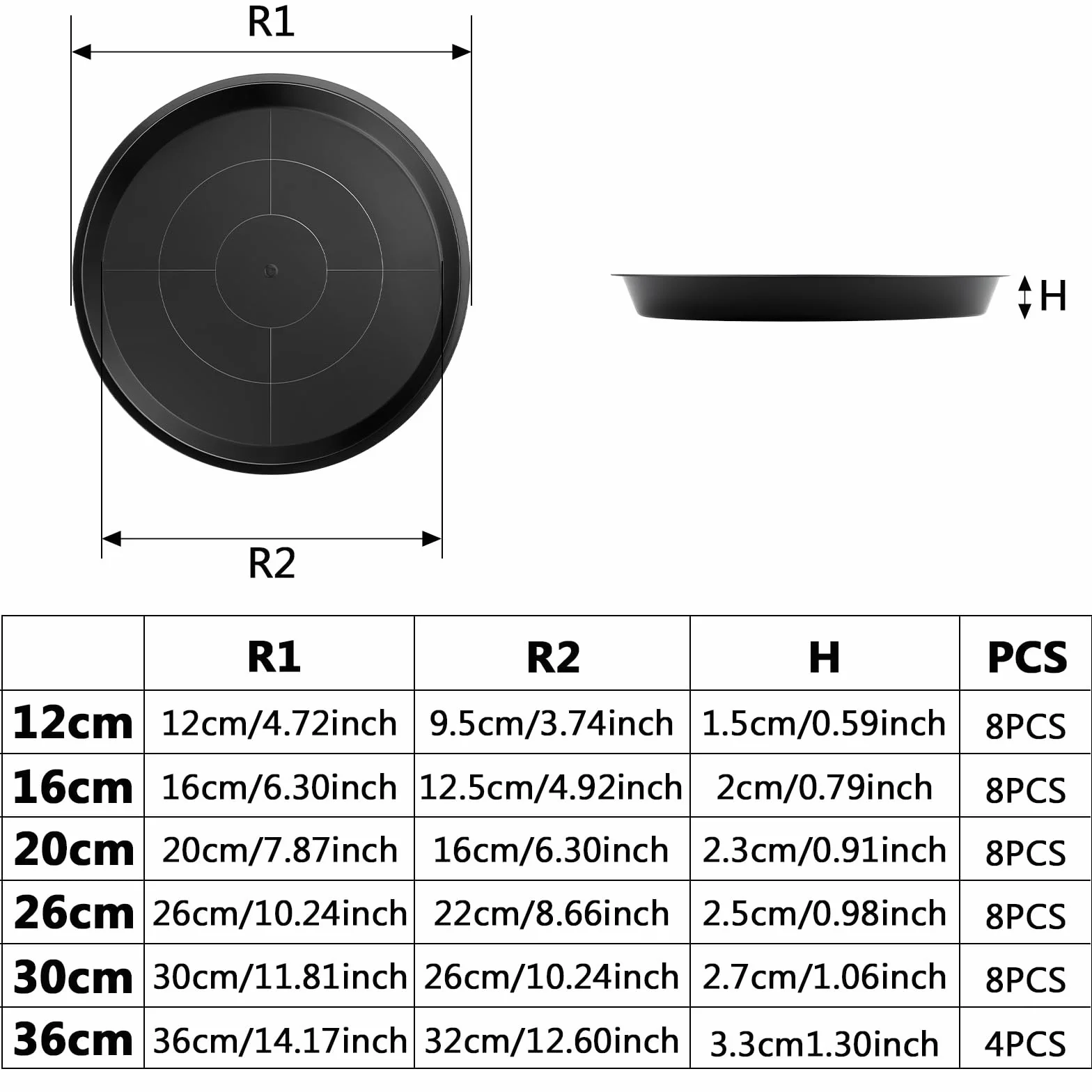 Podstawki pod doniczki 20 cm czarne z tworzywa sztucznego 8 sztuk