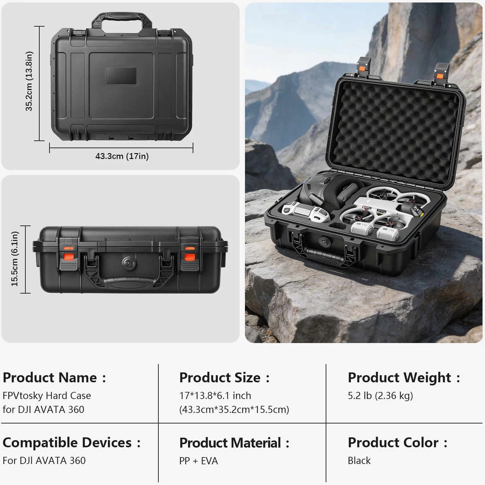 FPVtosky Wodoodporne twarde etui do DJI Avata 360 Motion Fly More Combo – pasuje do gogli N3, RC Motion 3, RC 2/FPV Remote Controller 3, Charging Hub i 3 baterii (tylko etui)