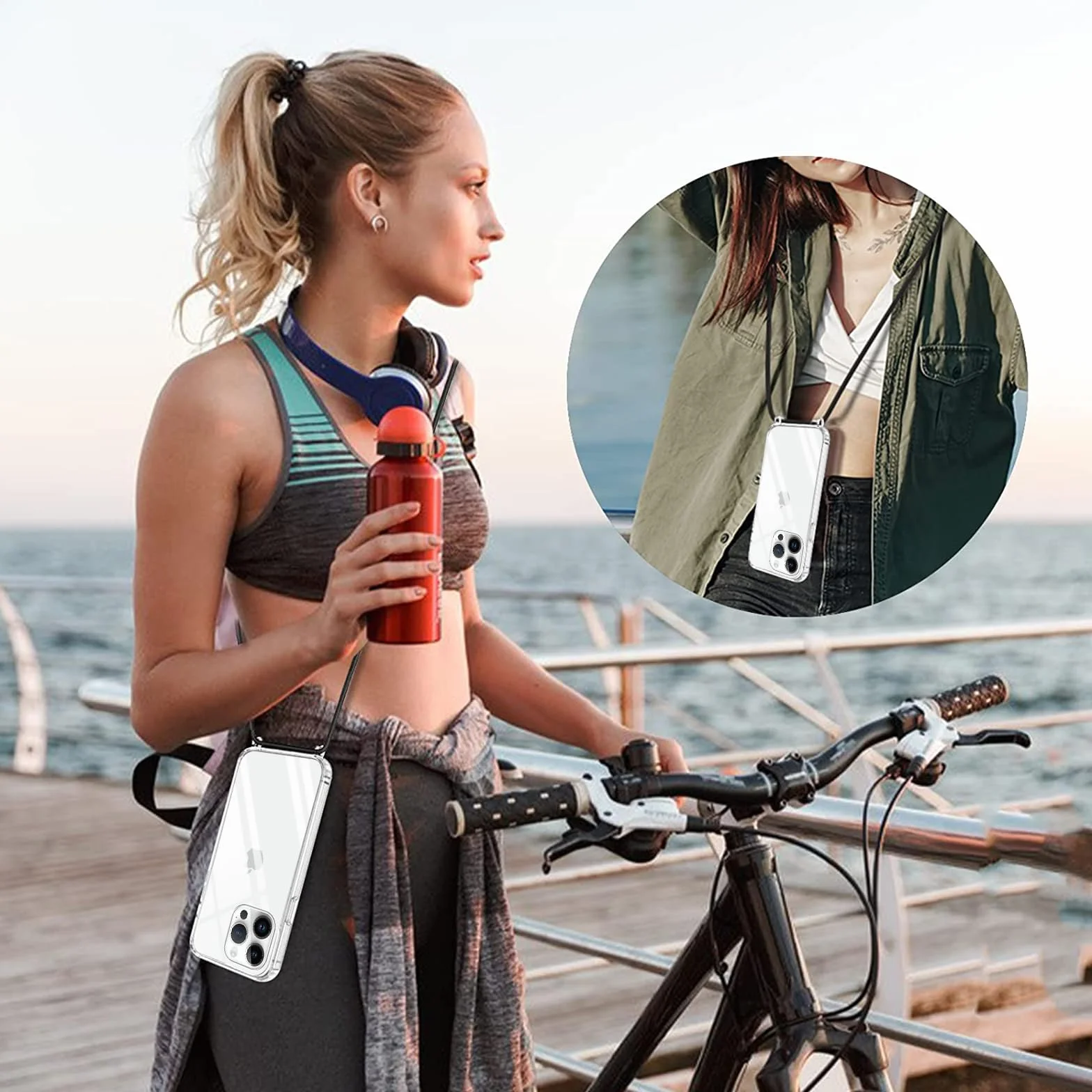 Pnakqil Etui na telefon komórkowy do iPhone 15 Pro, przezroczyste, miękkie, silikonowe ze sznurkiem na szyję, bumper, etui ochronne, kompatybilne z do iPhone 15Pro, czarne