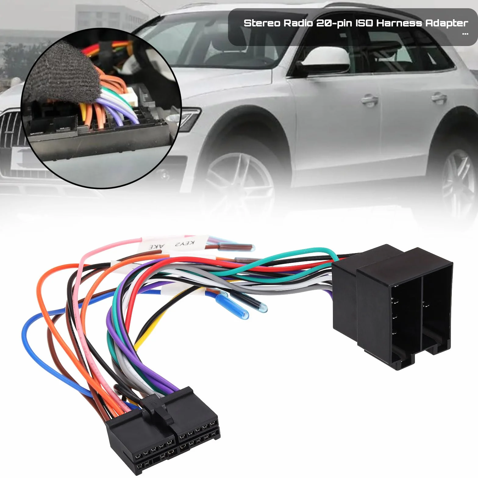 Adapter wiązki przewodów 20-pinowy do ISO 20P ISO zamiennik adaptera samochodowego stereo kompatybilny z ekranem DIN, adaptery złącza wiązki przewodów radia samochodowego, 21,5 cm