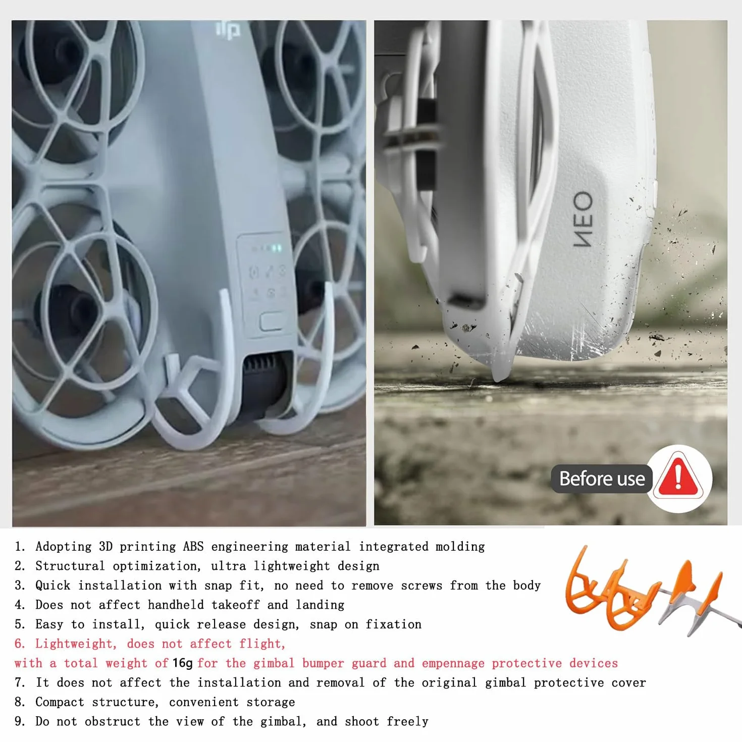 Osłona zderzaka i osłona ogona do akcesoriów DJI Neo, ultralekki materiał ABS, ochrona antykolizyjna do kamery drona DJI Neo / z tyłu, kompatybilne z osłoną gimbala, pomarańczowe