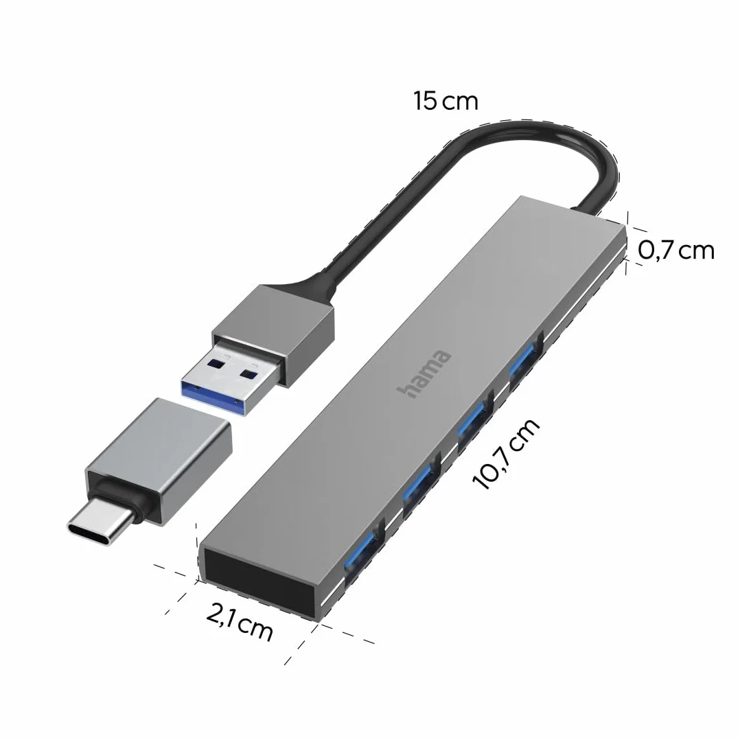 Hama hub USB A (4x USB-A, adapter USB C, USB 3.2, PD, power delivery, 5 Gbit/s, 100 W, ultra slim, stacja portów, rozdzielacz, multiport) antracyt