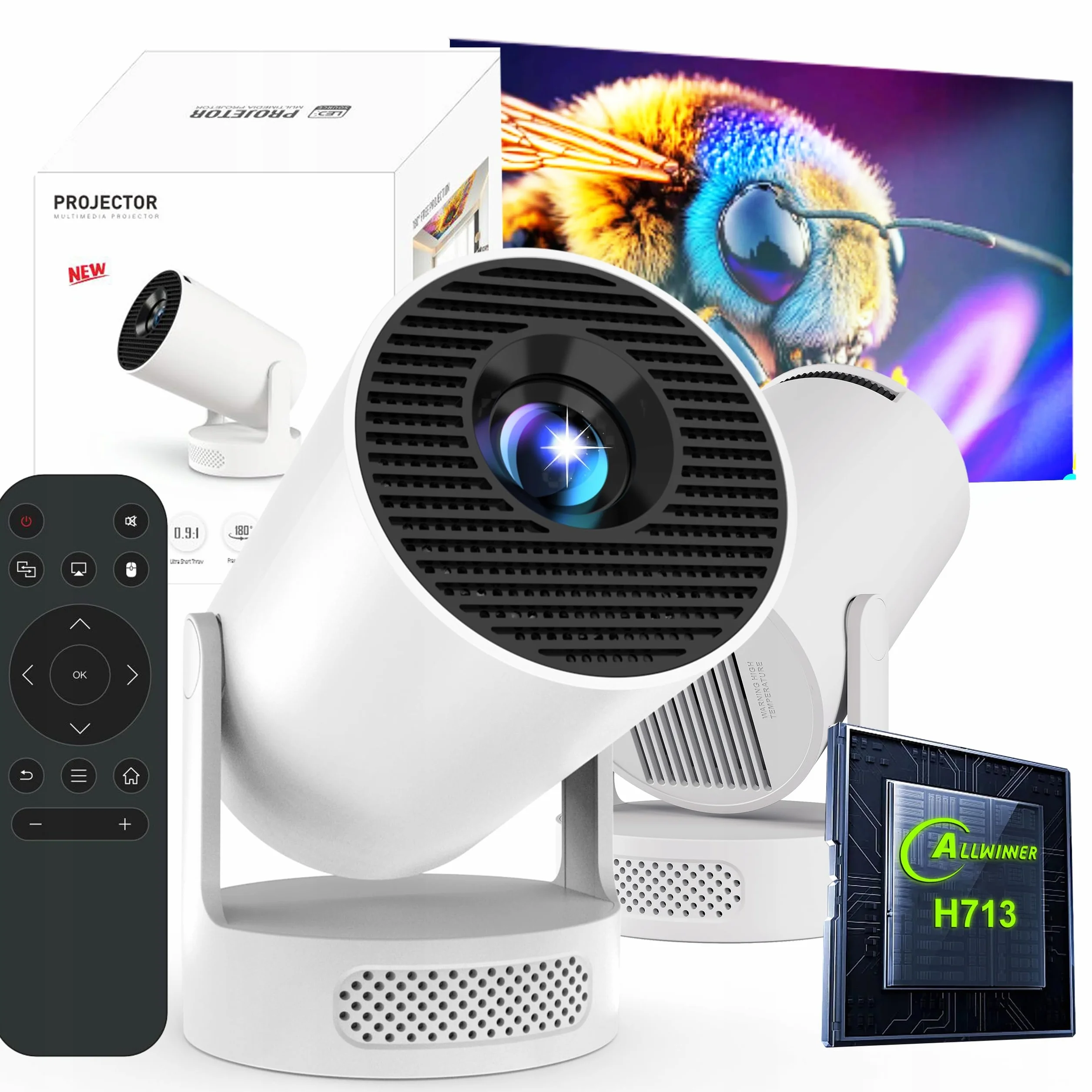 CIRON HY300 Ultra Projektor Multimedialny Android 14 WiFi 6 Bluetooth 5.4 LED 170 ANSI HD 720P Auto Keystone ScreenCast Kino Domowe Mini Smart Projektor HDMI USB Rzutnik do Oglądania Filmów Seriali