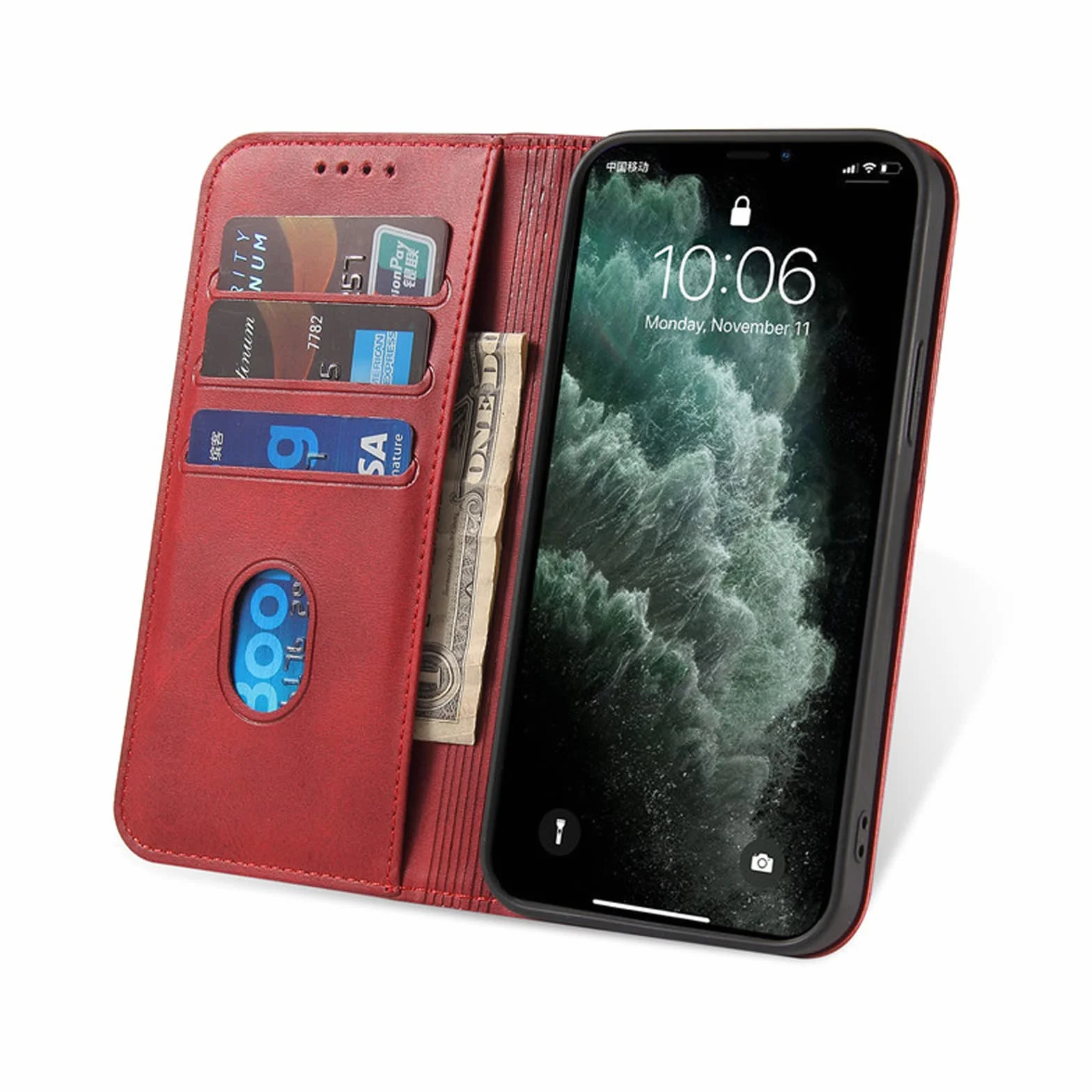LTL Etui na telefon do iPhone 13 Mini/13/13 Pro/13 Pro Max, ręcznie robione skórzane etui z klapką z przegródkami na karty, etui na telefon, magnetyczne zamknięcie, czerwone, 13pro 6,1"