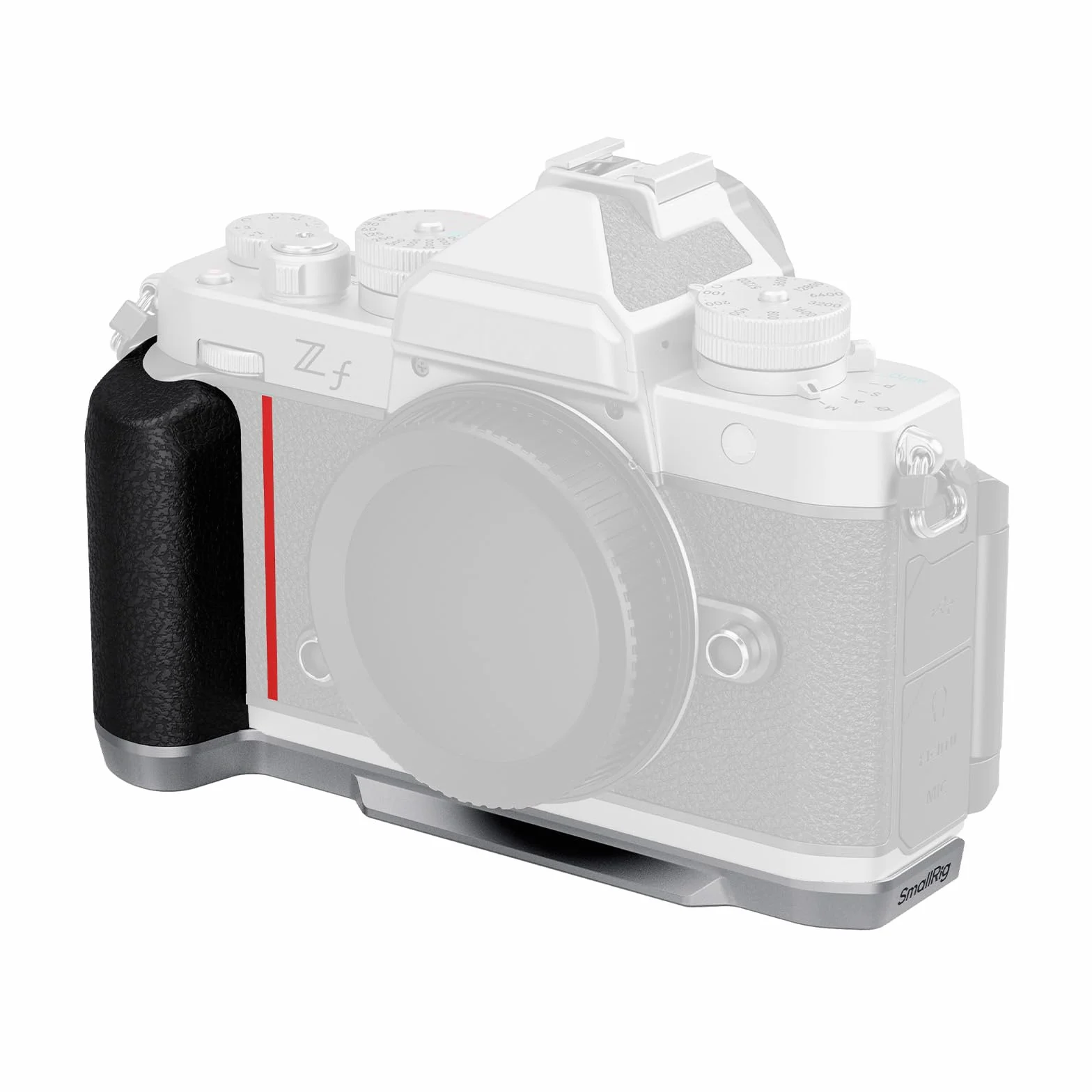 SMALLRIG Silikonowy uchwyt w kształcie litery L do Nikon Z f, z wbudowaną płytką szybkiego montażu do Arca i otworem na pasek na nadgarstek, z gwintowanymi otworami 1/4"-20 do (srebrny) - 5706