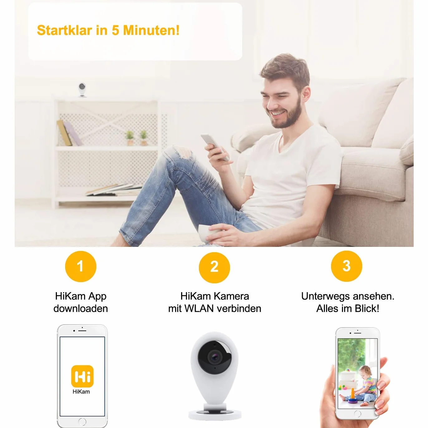 Hikam S6: Kamera do bezpiecznego domu (kamera monitorująca z wykrywaniem osób, kamera IP, HD, z aplikacją/instrukcjami/obsługą (może nie być dostępna w języku polskim)
