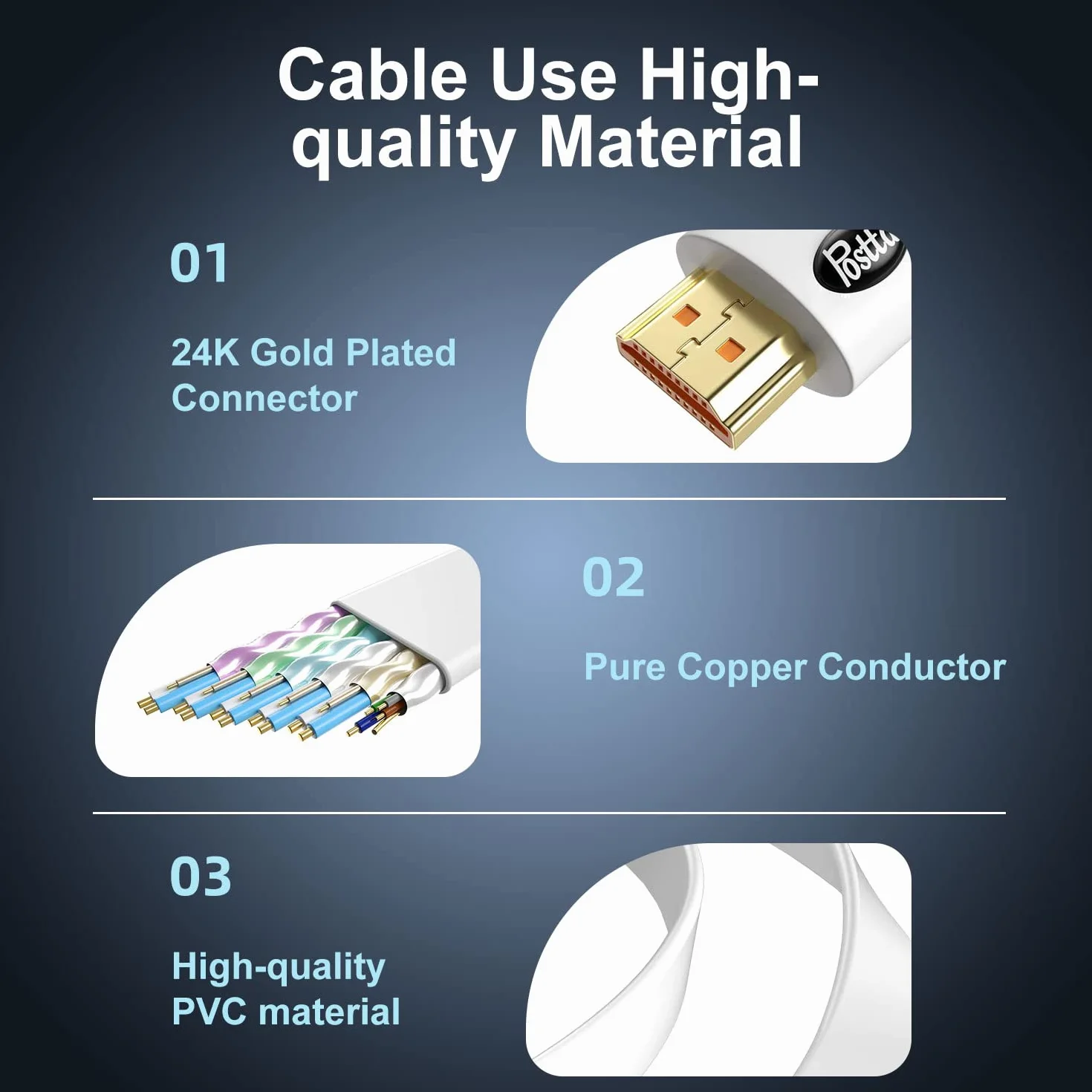 Postta Płaski kabel HDMI 4K HDMI2.0 z wbudowanym wzmacniaczem sygnału, obsługa 4K (2160P), 3D, 1080P, Ethernet, dźwięk zwrotny (biało-pomarańczowy)