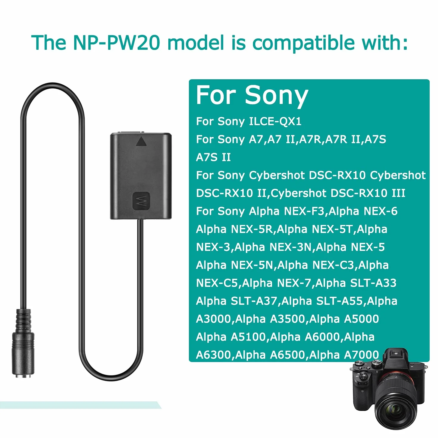 NP-FW50 atrapa baterii łącznik prądu stałego AC-PW20 zasilacz sieciowy do aparatów Sony Alpha A6000 A6500 A6300 A6400 A5100 A3000 A7 A55 A7II A7RII A7SII A7S A7R NEX 3/5/7 RX10 II III IV