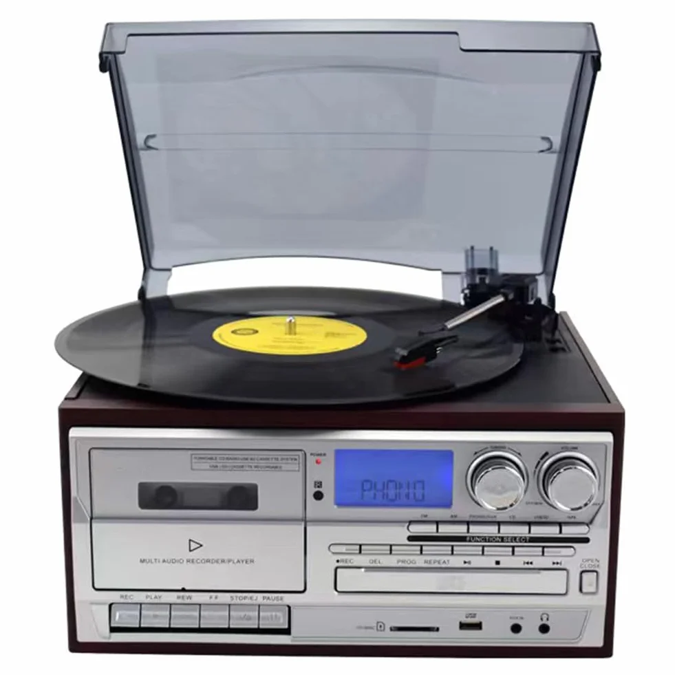 Gramofon 9 w 1 retro z radiem AM/FM, 3-biegowy winyl, wbudowane głośniki, wyjście audio do domowego biura, sypialni