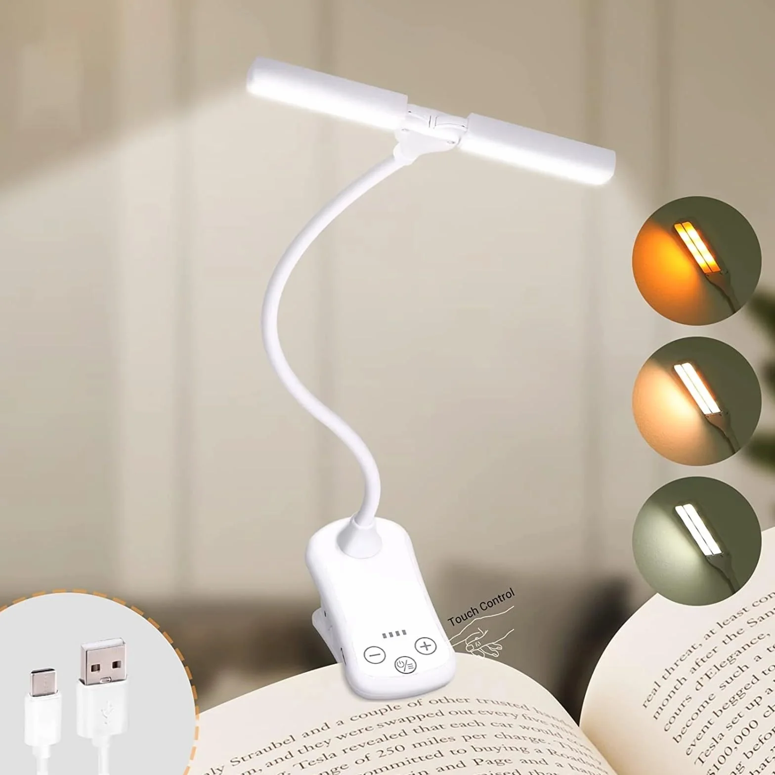 Lampka do czytania USB LED ładowalna lampka do czytania klips regulowana elastyczna lampka nocna do nauki czytania biuro lampka nocna 1 szt., SAGESWA, biała