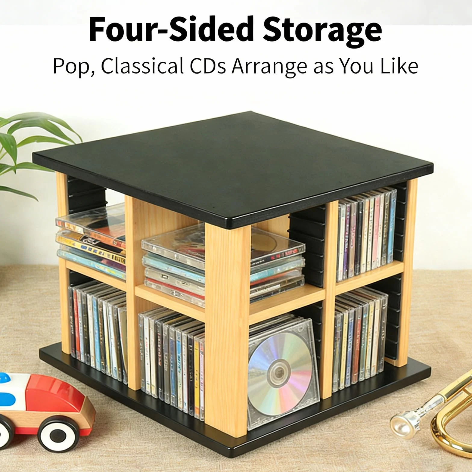 Wieża do przechowywania DVD, uchwyt na płyty winylowe, drewniany organizer na nośniki, obracana o 360°, 4-stronna do domu i biura, pasuje do płyt CD o wymiarach do 14 x 12,5 x 1,2 cm