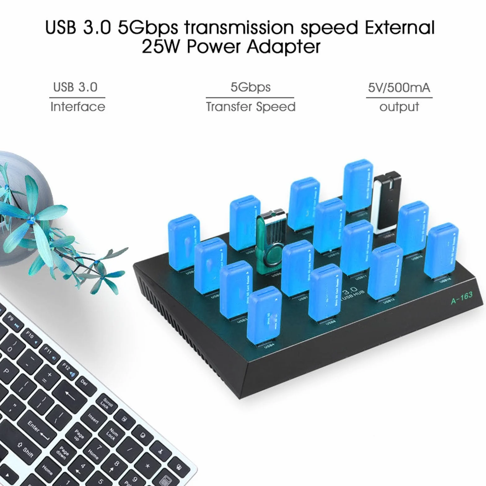 LICAEVEY Koncentrator USB 3.0, 16 Portów, Transfer Danych z szybkością 5 Gb/s, Wieloportowy Koncentrator USB Klasy Przemysłowej z Zabezpieczeniem Nadprądowym, do Czytnika Kart Flash (wtyczka UE)