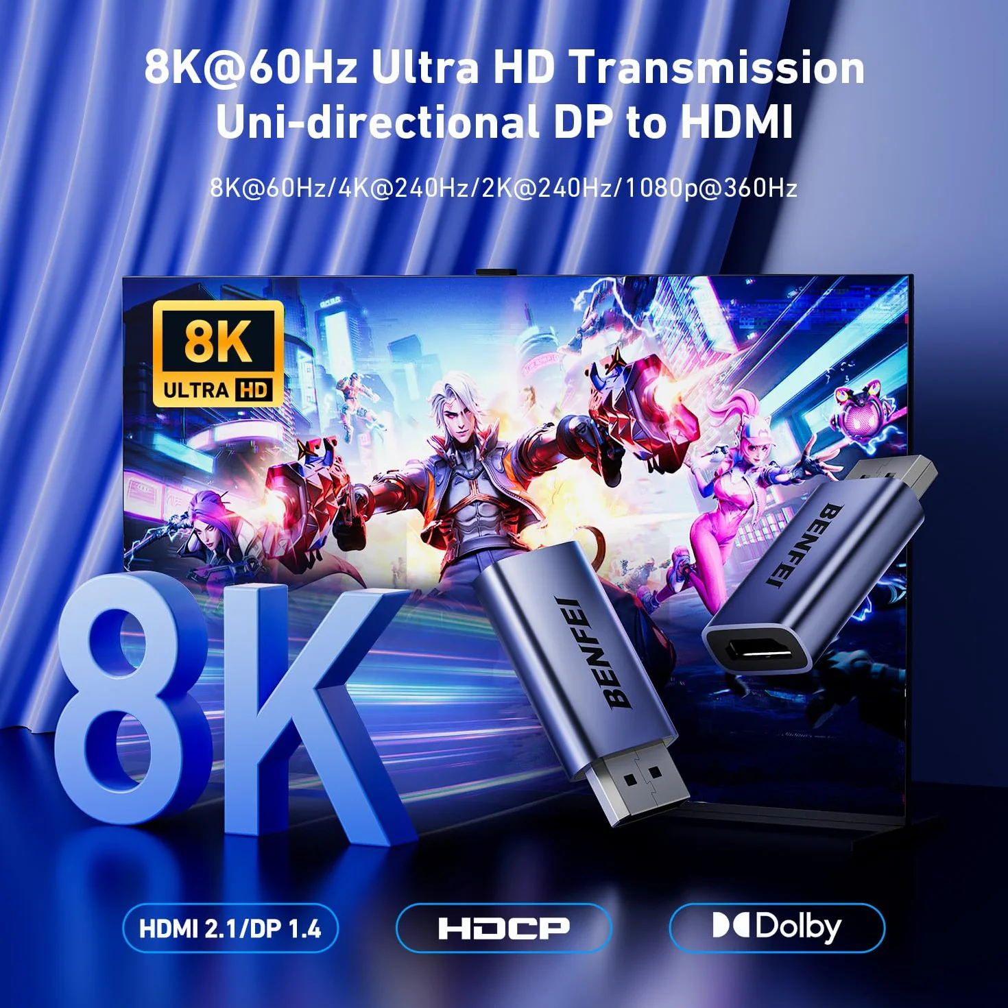 BENFEI Adapter DisplayPort 1.4 do HDMI 2.1, 8K@60Hz/4K@240Hz/1080P@480Hz, jednokierunkowy DP do HDMI dla monitora do gier, TV, AMD, NVIDIA