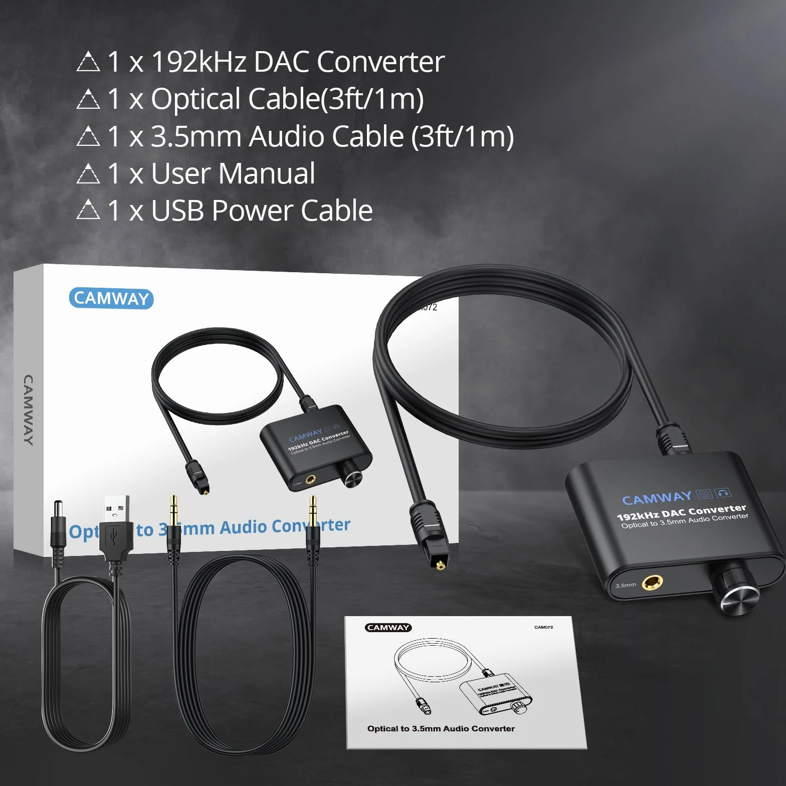 CAMWAY Konwerter DAC 192 kHz, SPDIF na 3,5 mm AUX, optyczny na 3,5 mm Toslink adapter audio z regulacją głośności, cyfrowo-analogowy konwerter audio do telewizora, słuchawek, głośników i innych