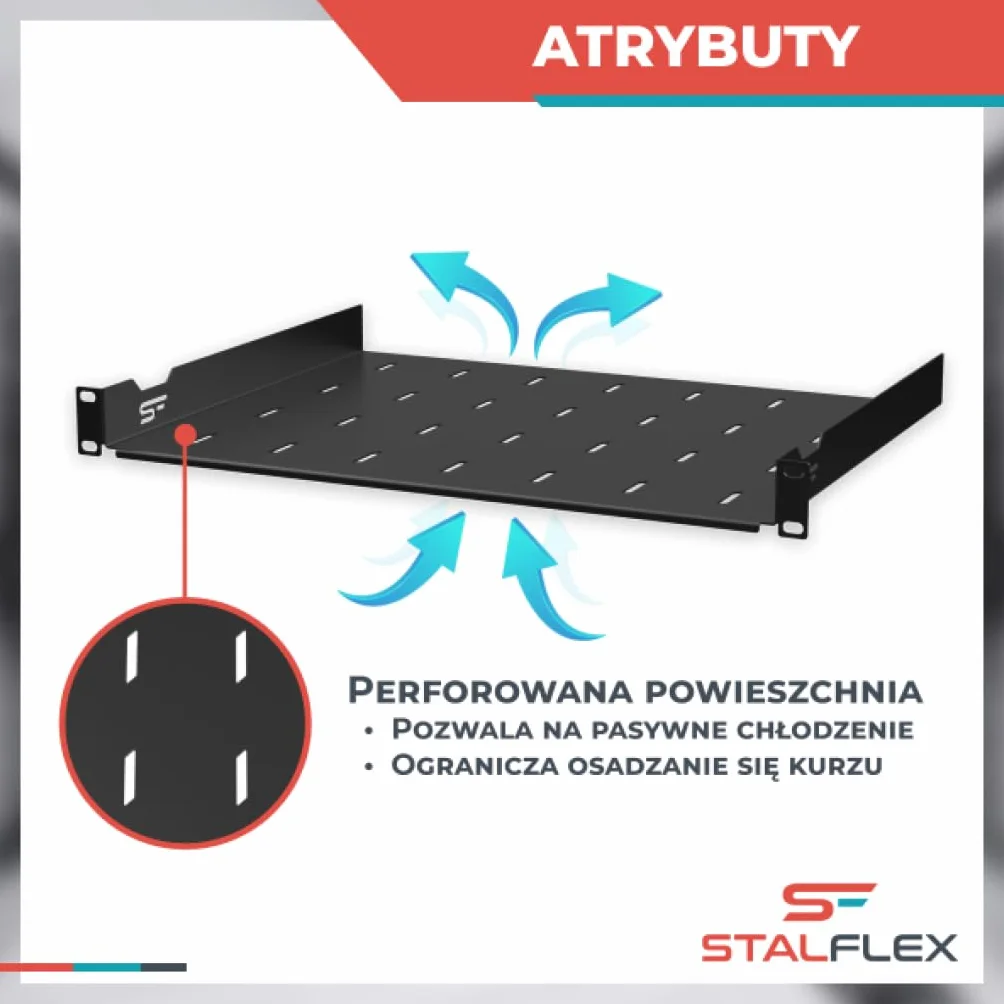 Półka Stała Standard Rack 19 cali 1U 350mm Metal Czarny Perforowana do Szaf Serwerowych Sieciowych
