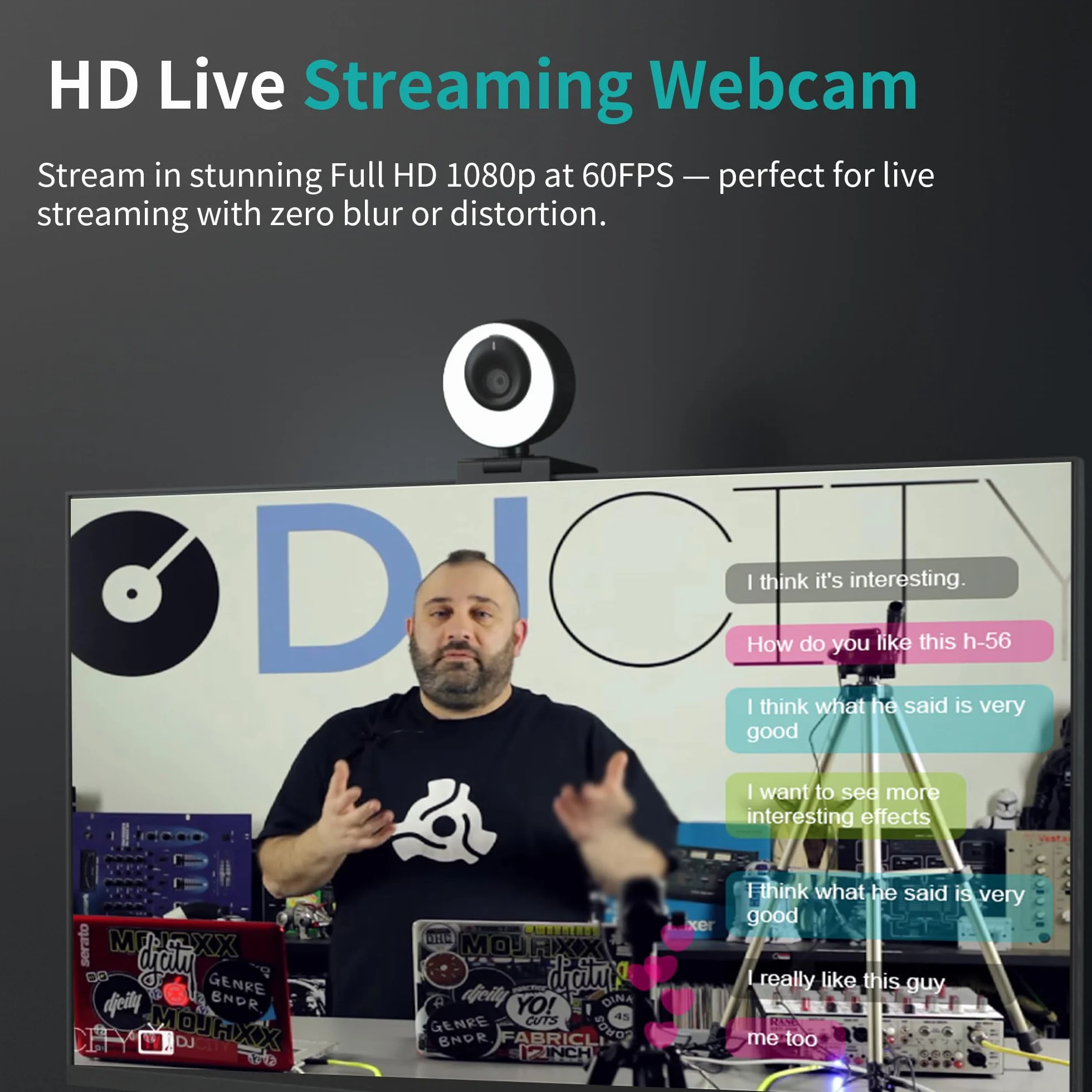 Kamera internetowa 1080p z mikrofonem, 60 kl./s, światło pierścieniowe z 3 trybami świecenia, autofokus, szeroki kąt 89°, Full HD, wideokonferencja do komputera, Mac, laptopa, tabletu