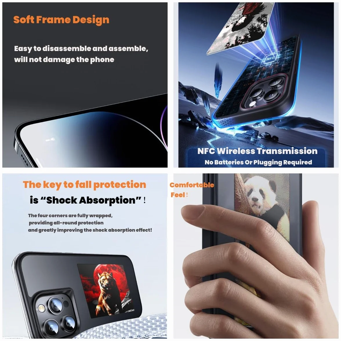 Ulepszone etui na smartfona z 4 kolorami i e-inkowy ekranem, przesył NFC, DIY wyświetlanie zdjęcia/foto/tekstu dla iPhone 16 (Czarny)